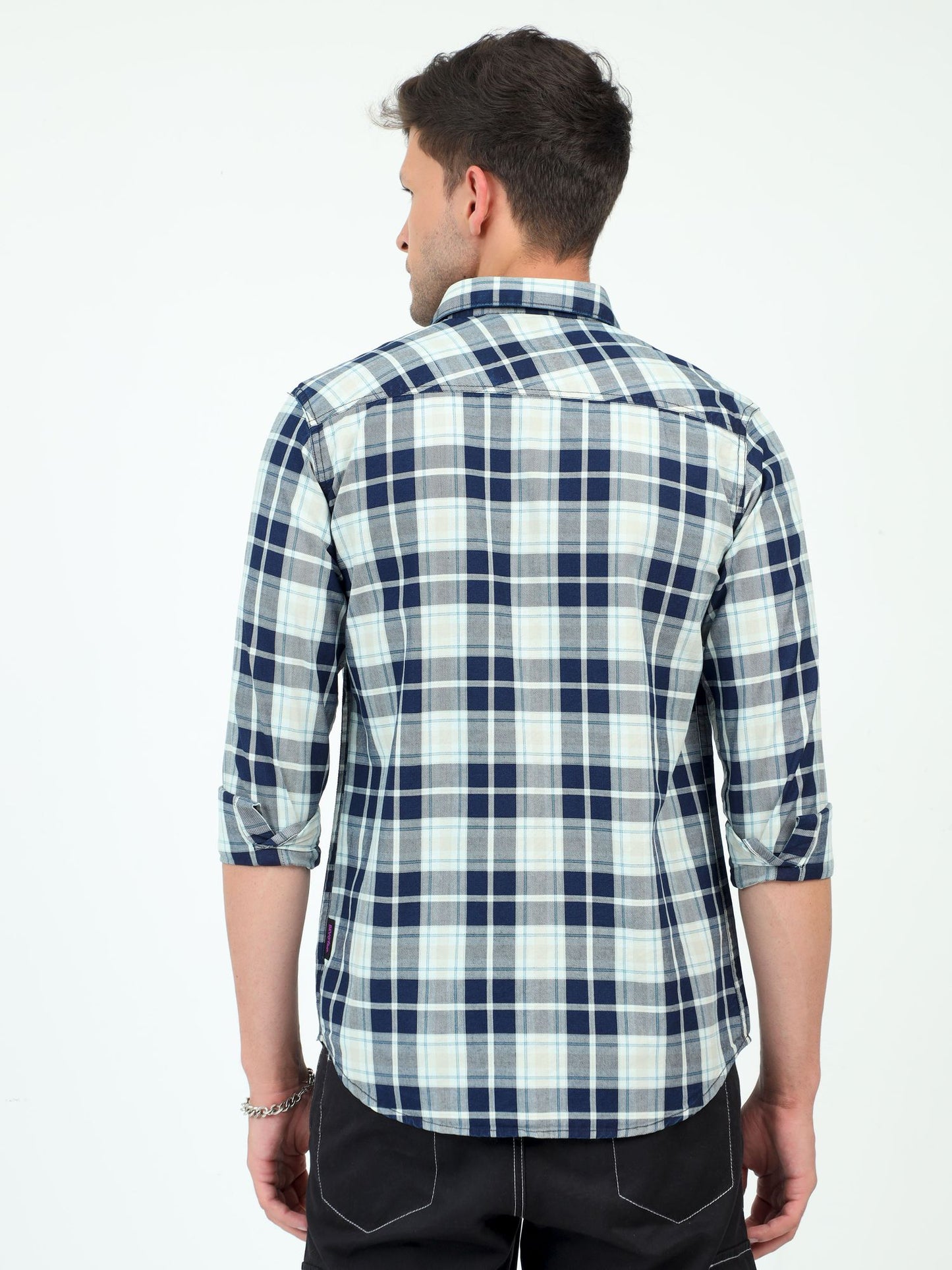 Creamy White Essence Indigo Checkered Shirt