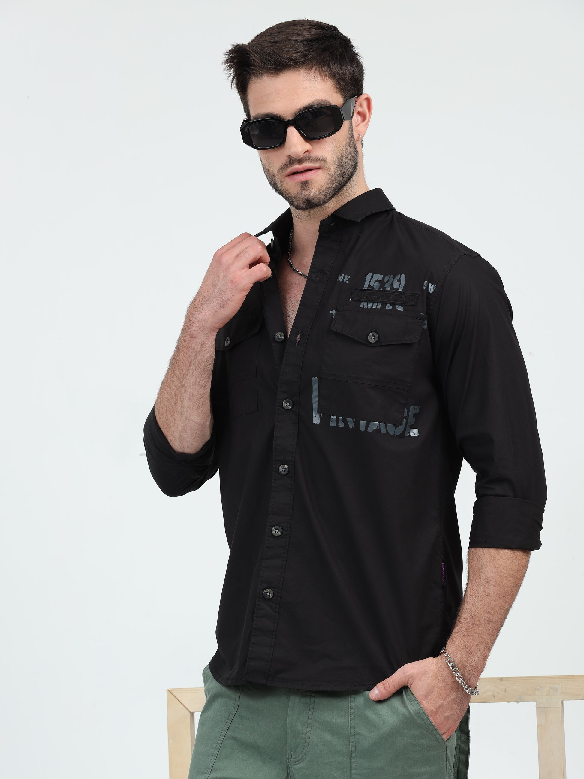 Black Double Pocket Cargo Shirt for Men 