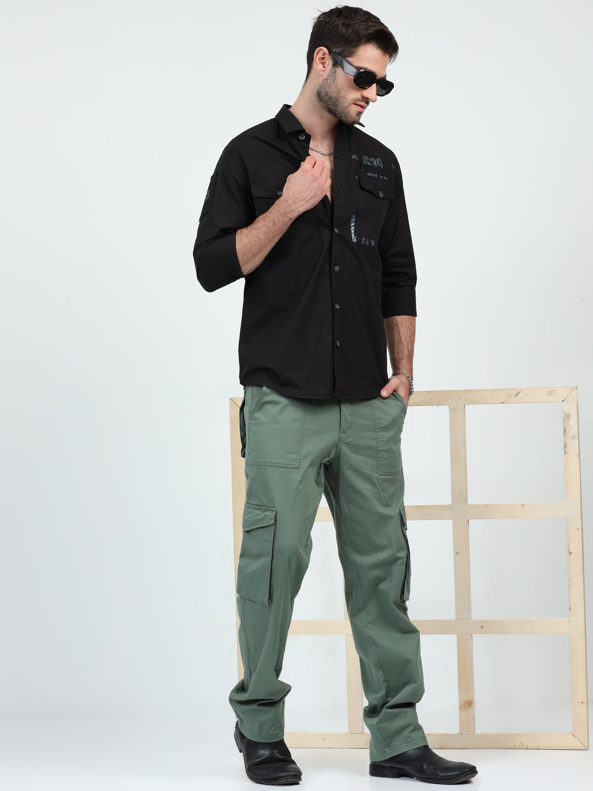 Black Double Pocket Cargo Shirt for Men 