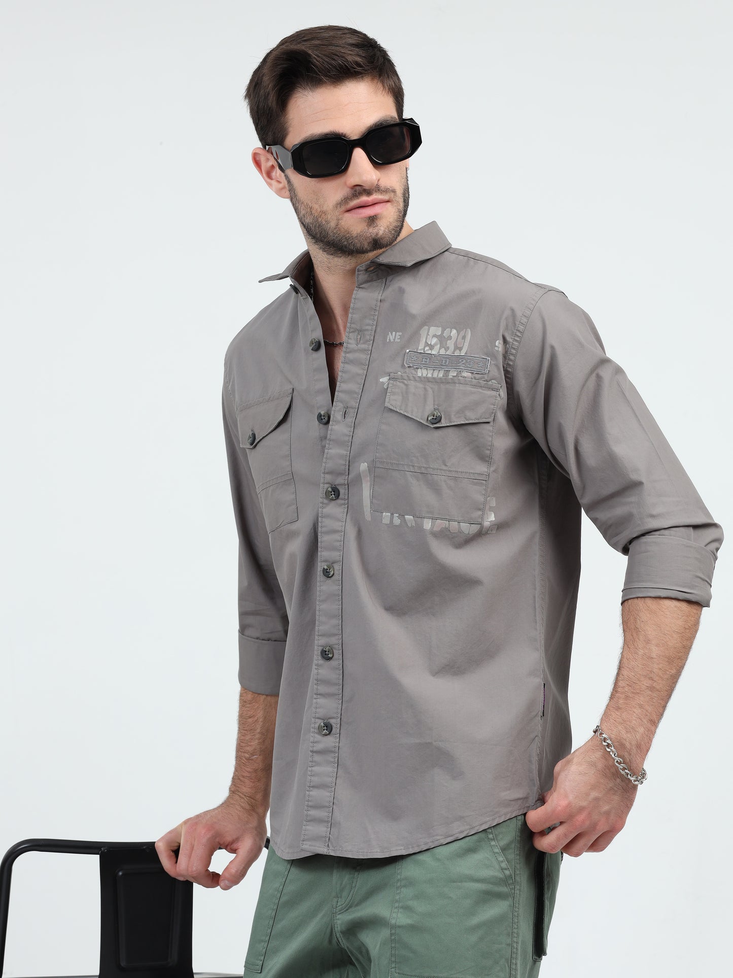 Dark Grey Double Pocket Cargo Shirt for Men 