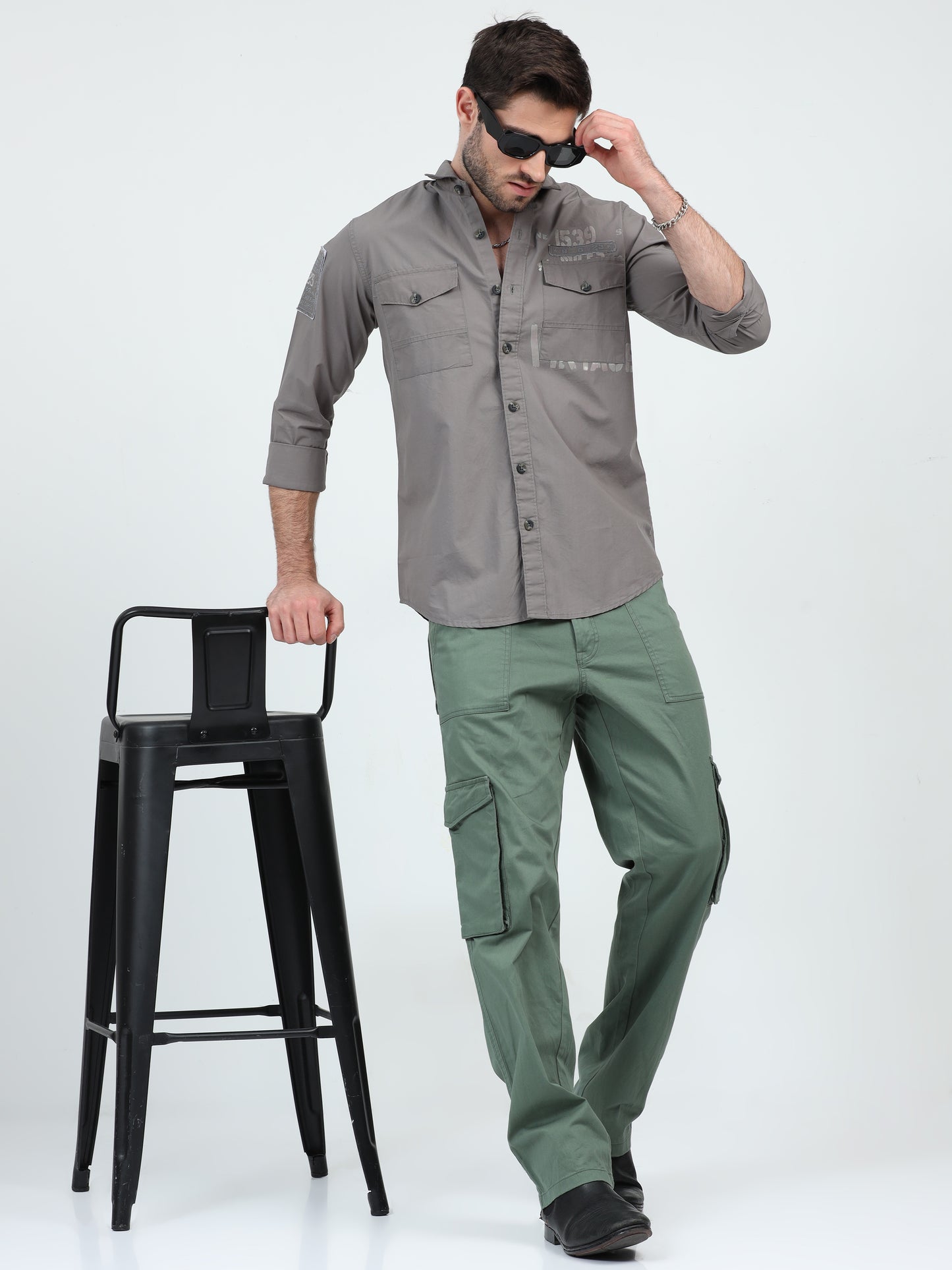 Dark Grey Double Pocket Cargo Shirt for Men 