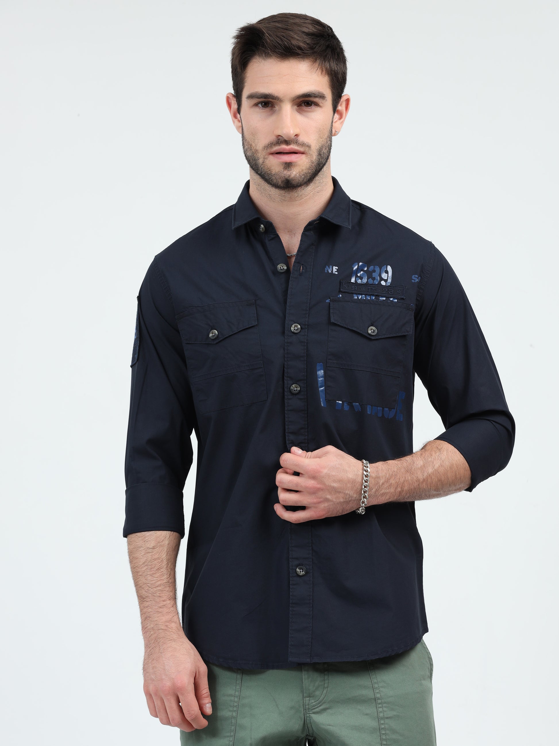 Navy Blue Double Pocket Cargo Shirt for Men 