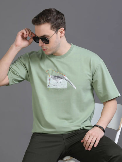 Green Round Neck Drop Shoulder T Shirt for Men