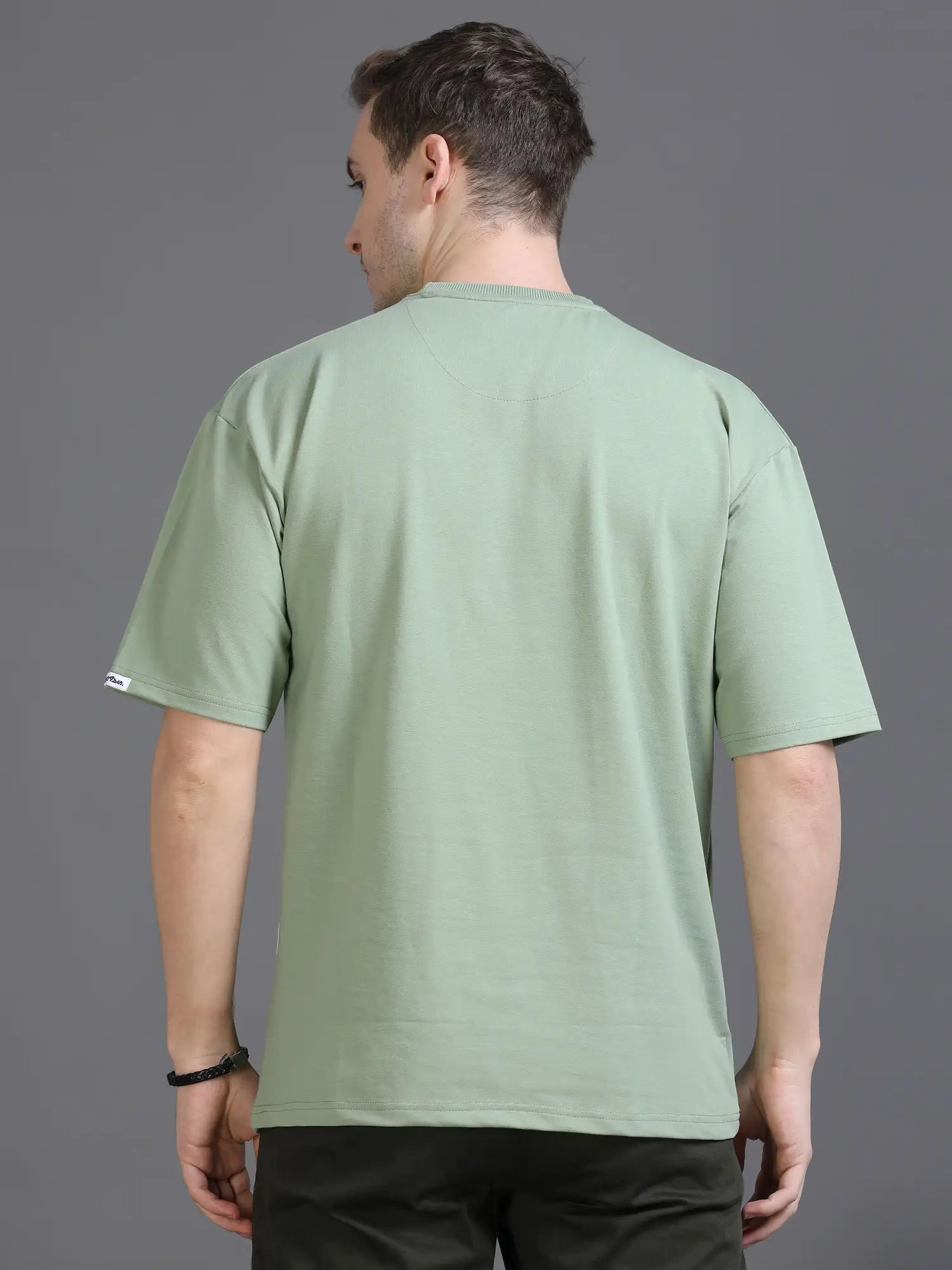 Green Round Neck Drop Shoulder T Shirt for Men