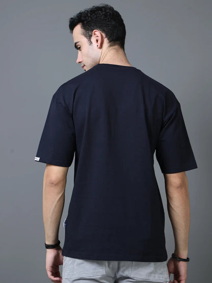 Navy Blue Round Neck Drop Shoulder T Shirt for Men