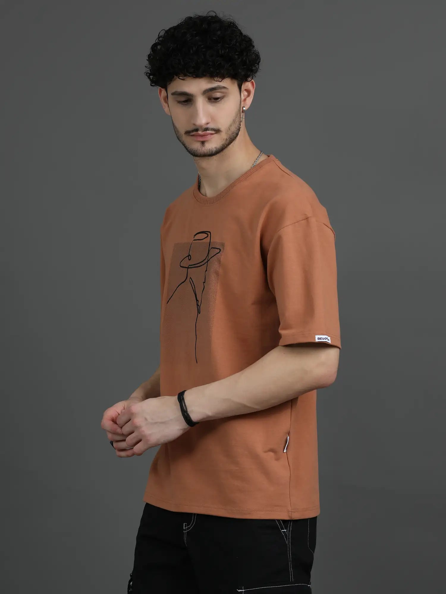 Orange Round Neck Drop Shoulder T Shirt for Men