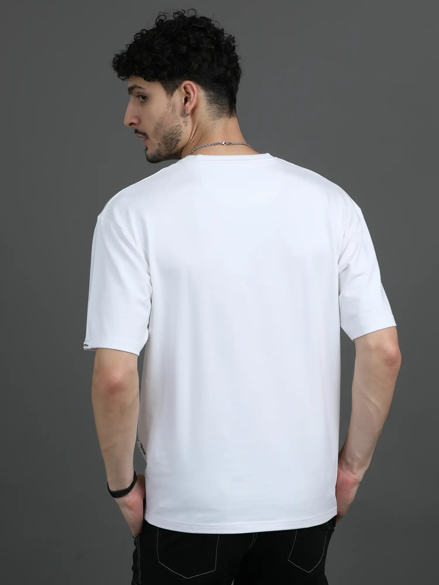 White Round Neck Drop Shoulder T Shirt for Men