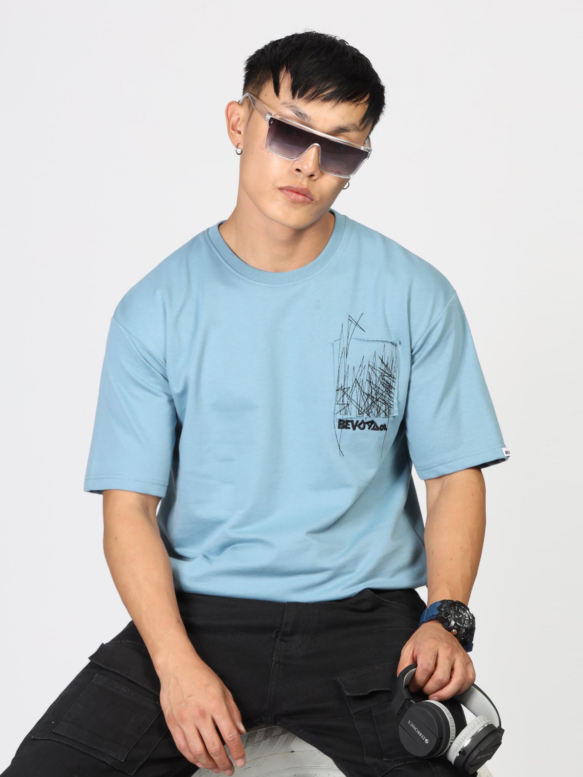 Sky Bluee Drop Shoulder T Shirt Mens