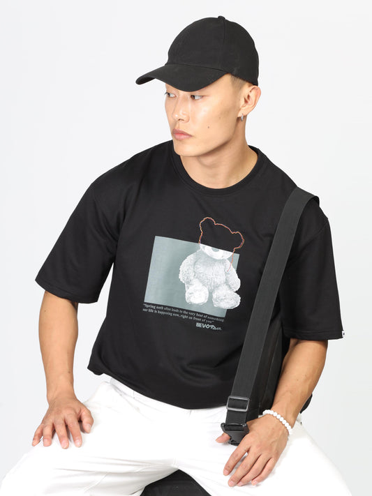 Black Printed Drop Shoulder T Shirt