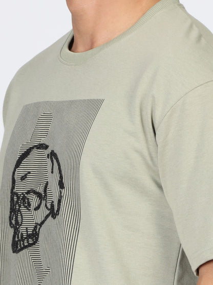 Printed Pastel Grey Drop Shoulder T Shirt Mens