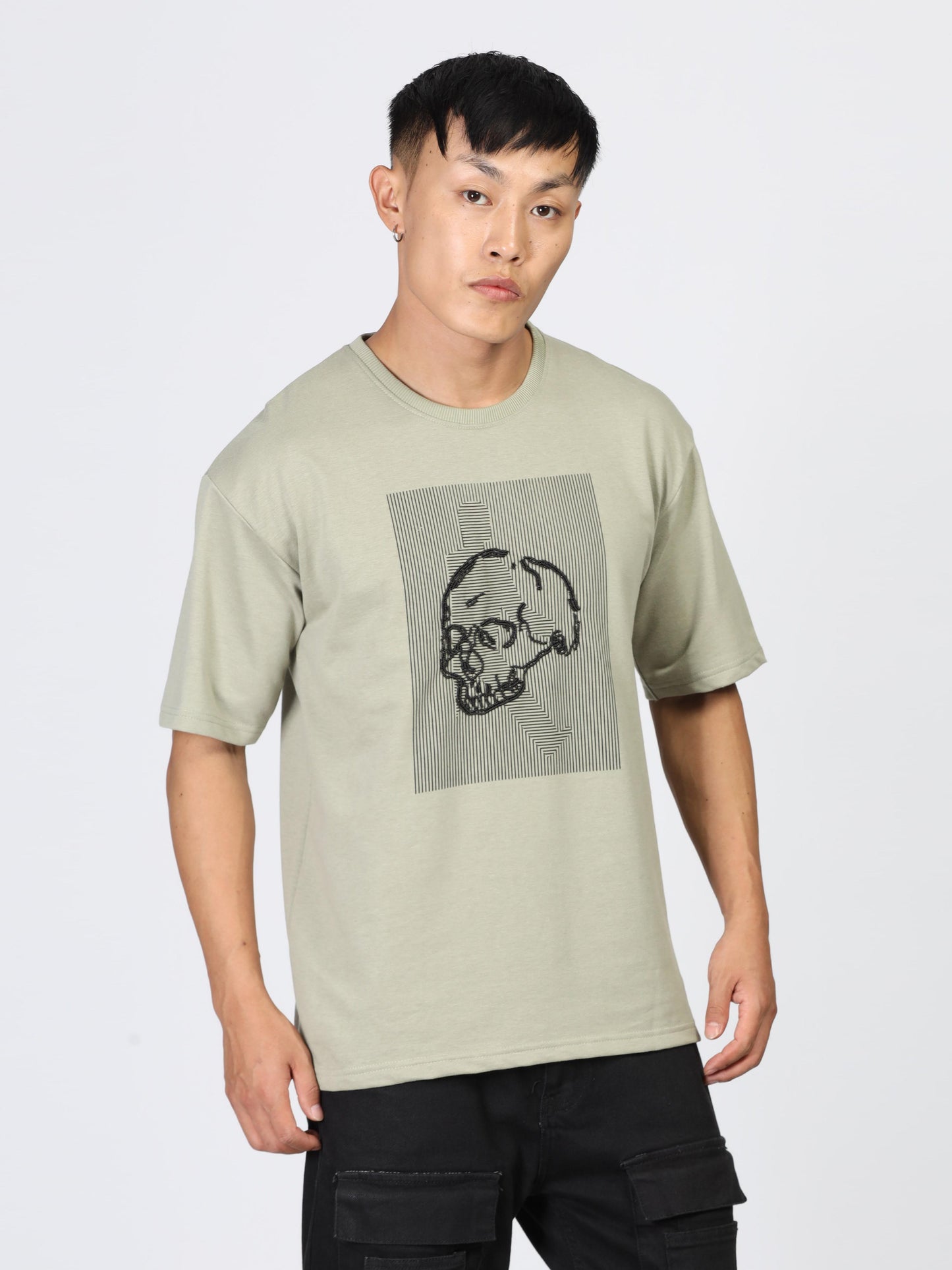 Printed Pastel Grey Drop Shoulder T Shirt Mens