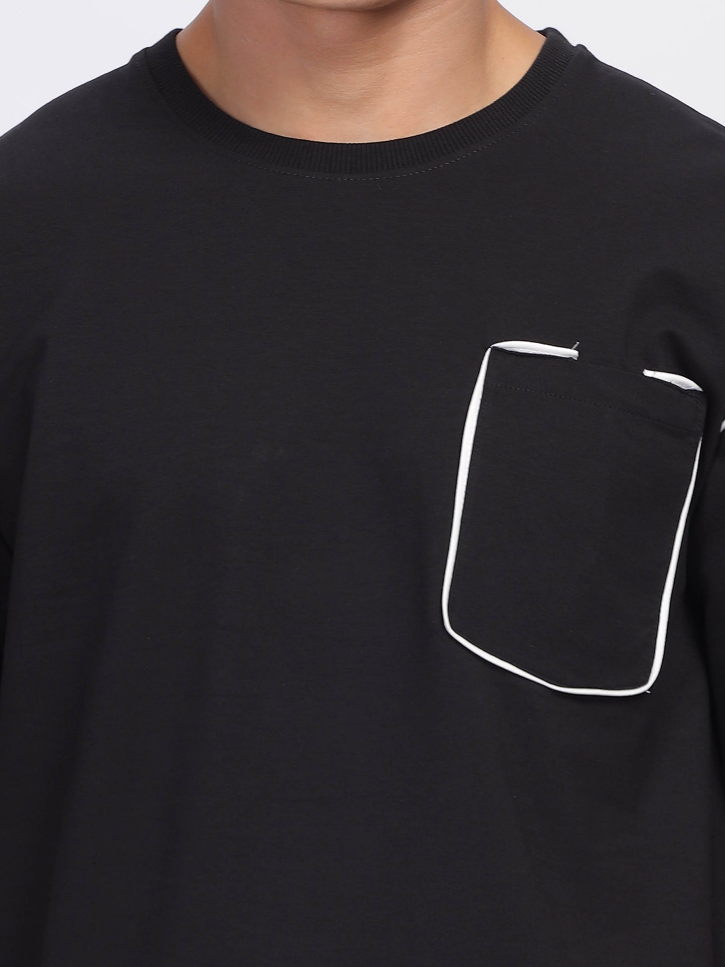 Contrast Stitch Black Drop Shoulder T-Shirt