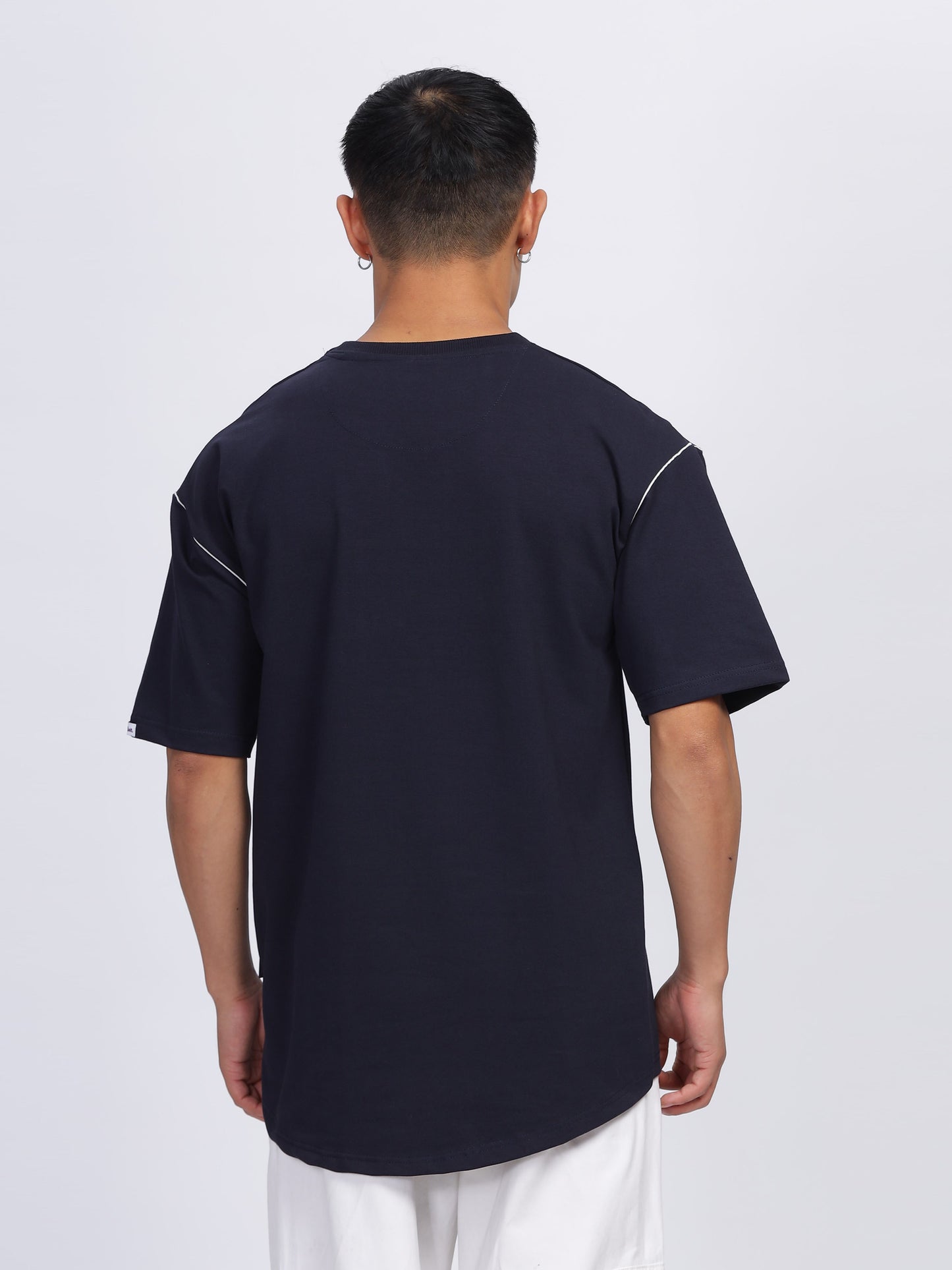 Contrast Stitch Navy Blue Drop Shoulder T-Shirt