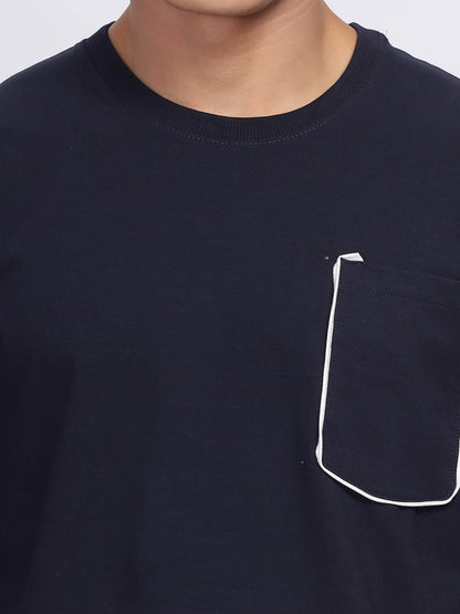 Contrast Stitch Navy Blue Drop Shoulder T-Shirt