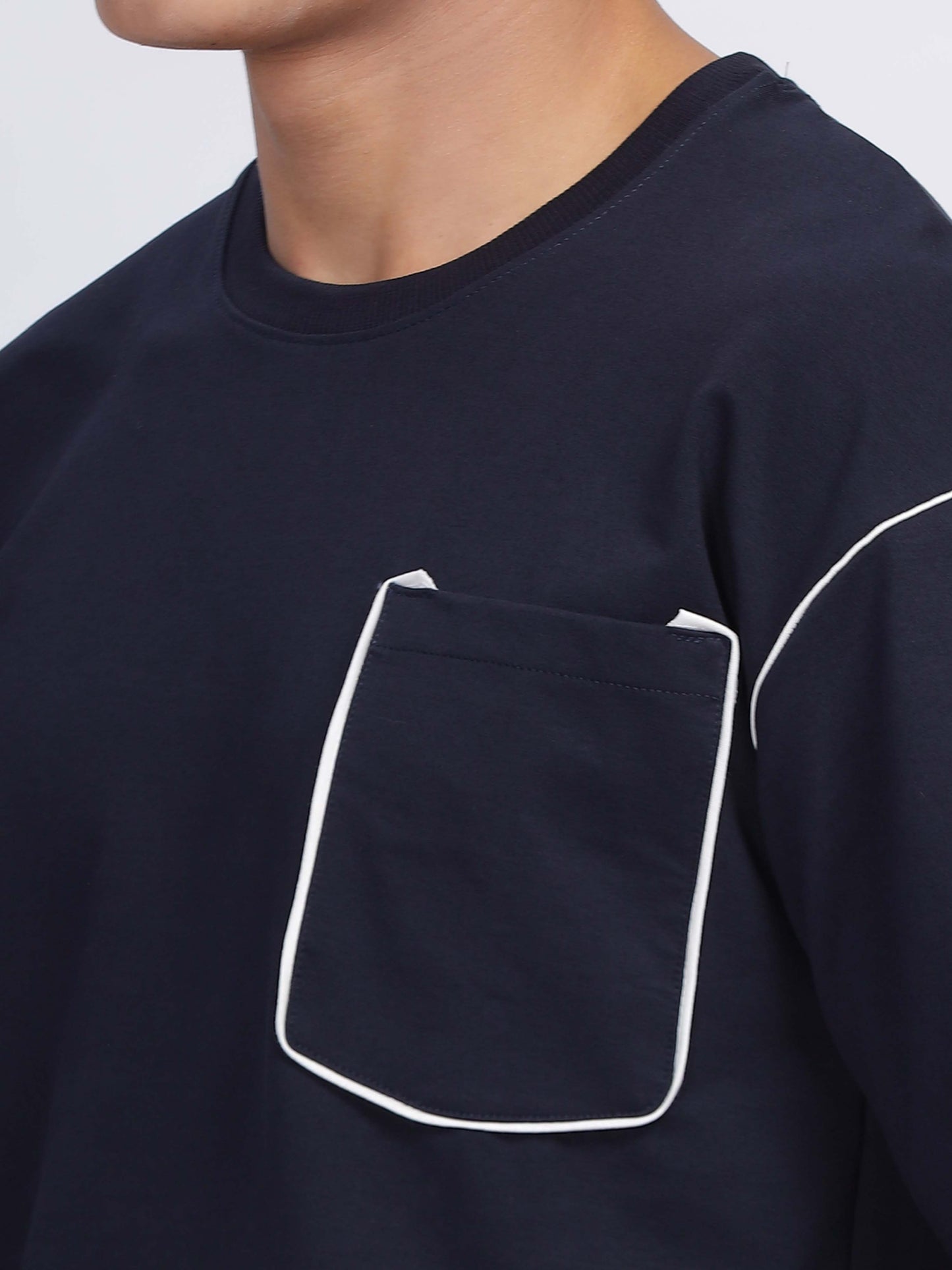 Contrast Stitch Navy Blue Drop Shoulder T-Shirt