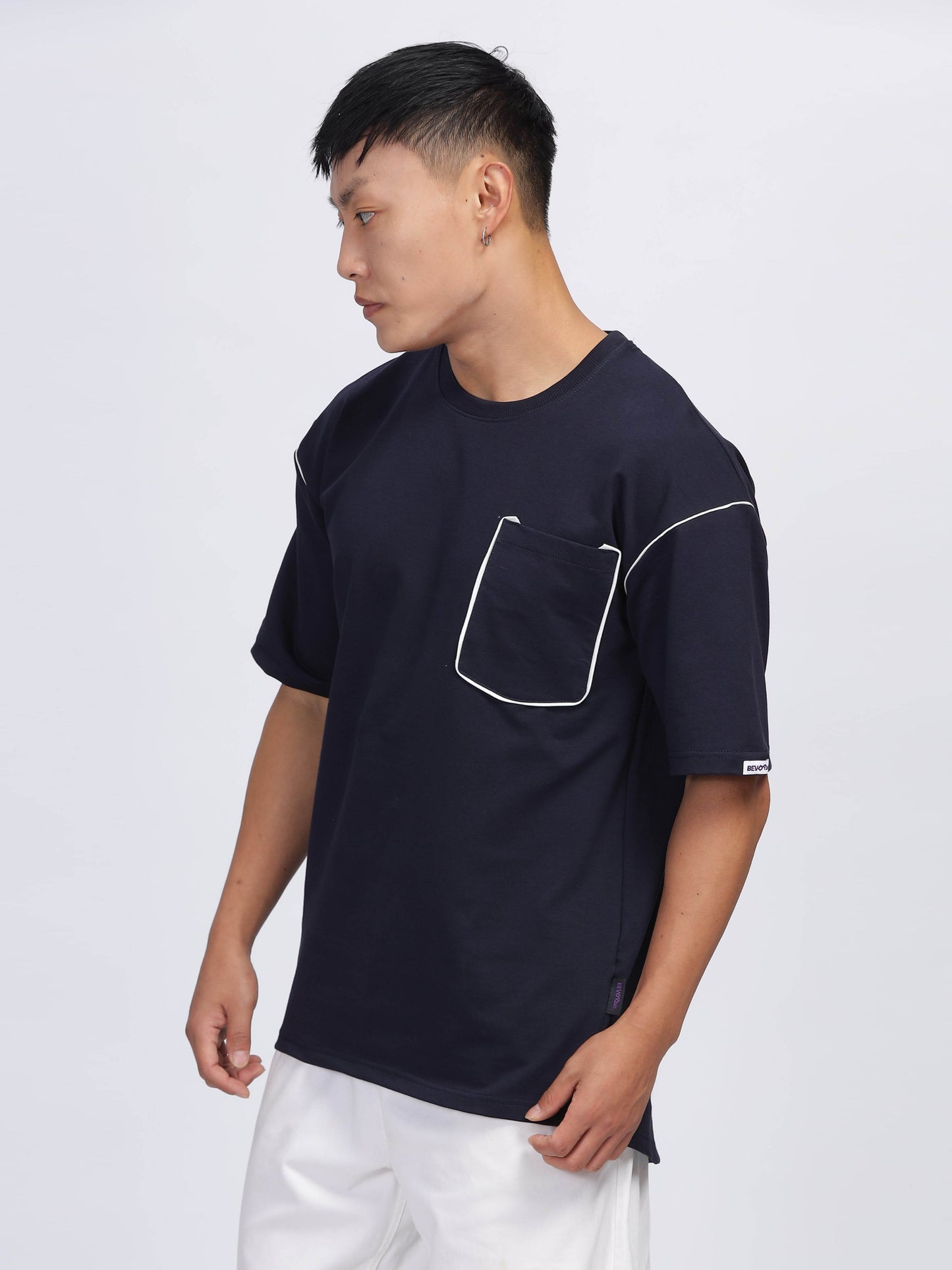Contrast Stitch Navy Blue Drop Shoulder T-Shirt
