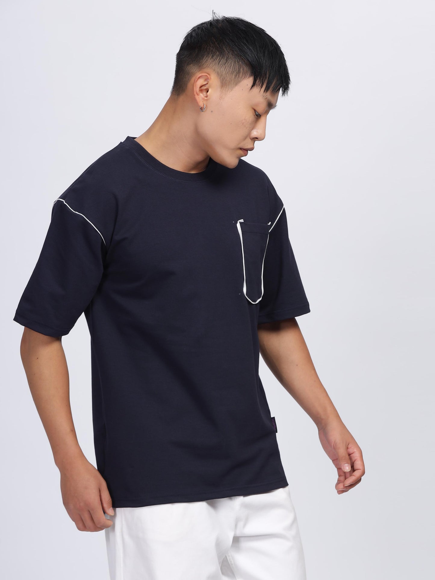 Contrast Stitch Navy Blue Drop Shoulder T-Shirt