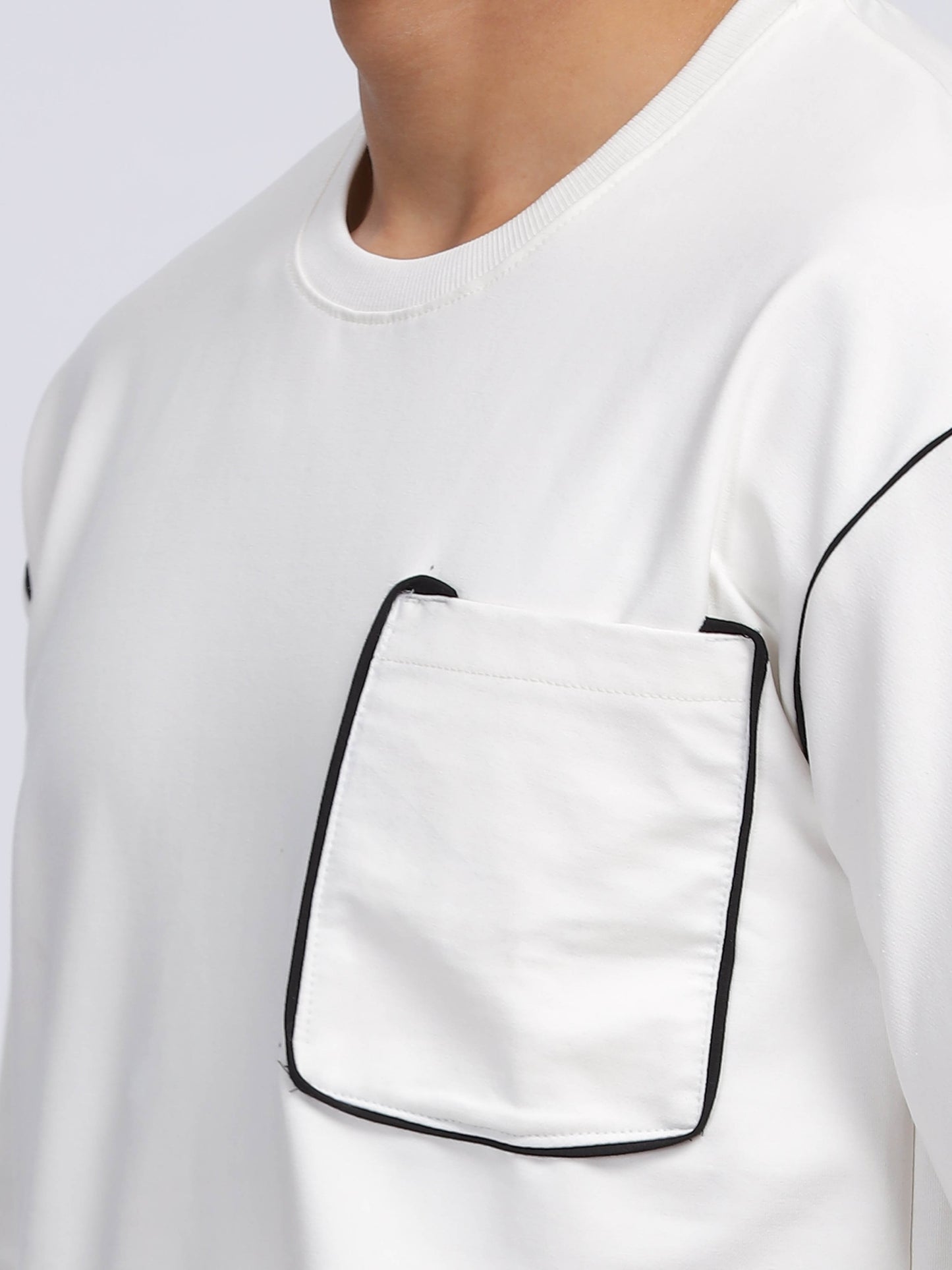 Contrast Stitch White Drop Shoulder T-Shirt