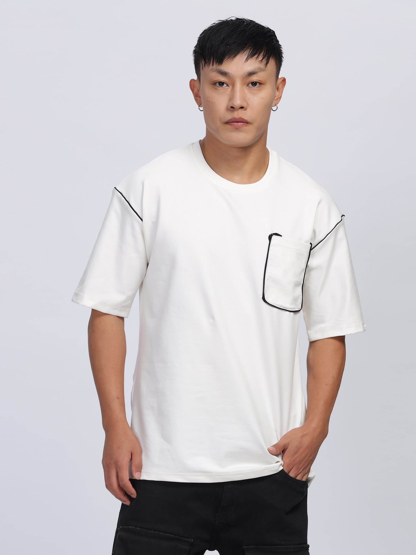 Contrast Stitch White Drop Shoulder T-Shirt