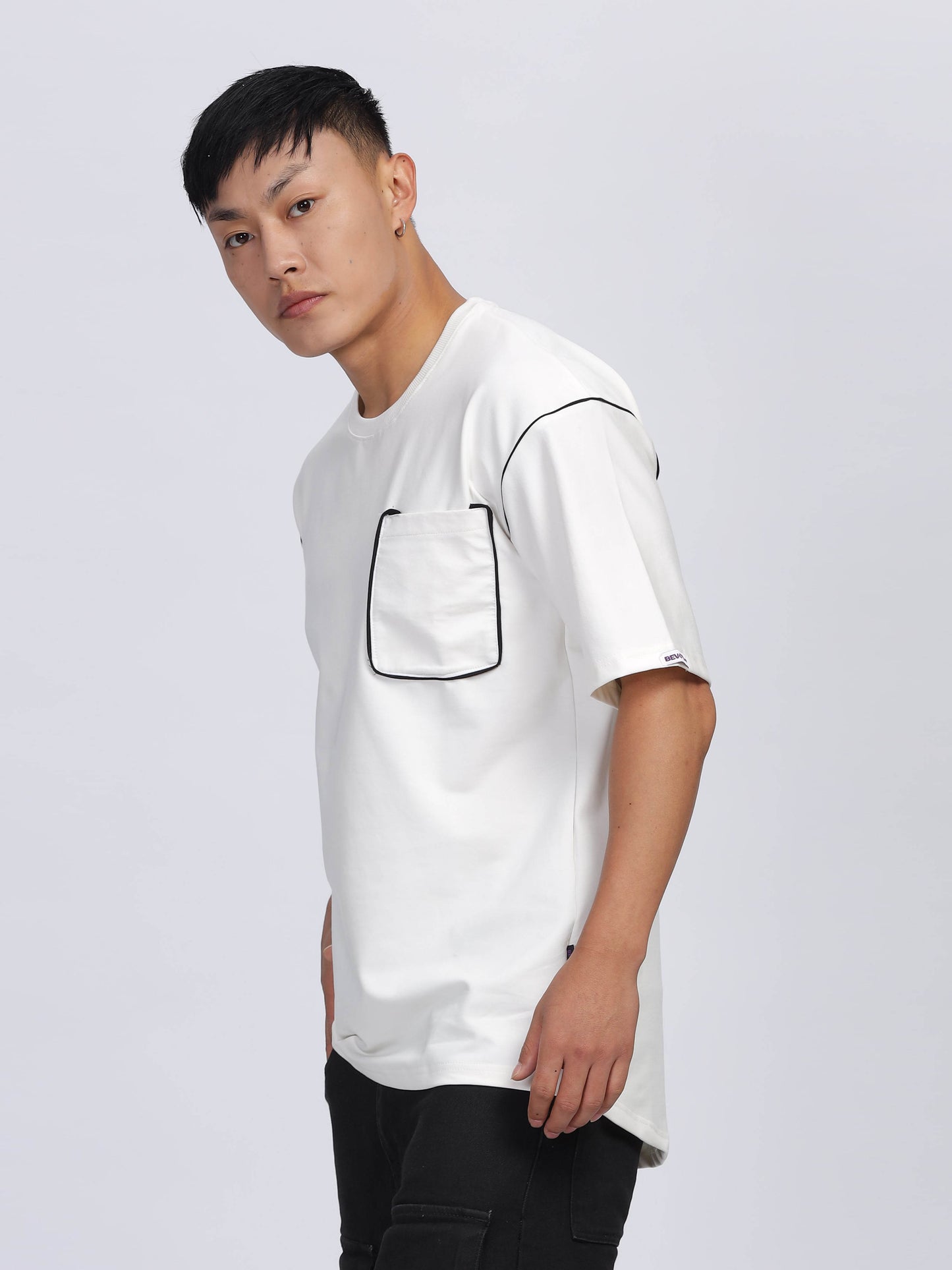 Contrast Stitch White Drop Shoulder T-Shirt