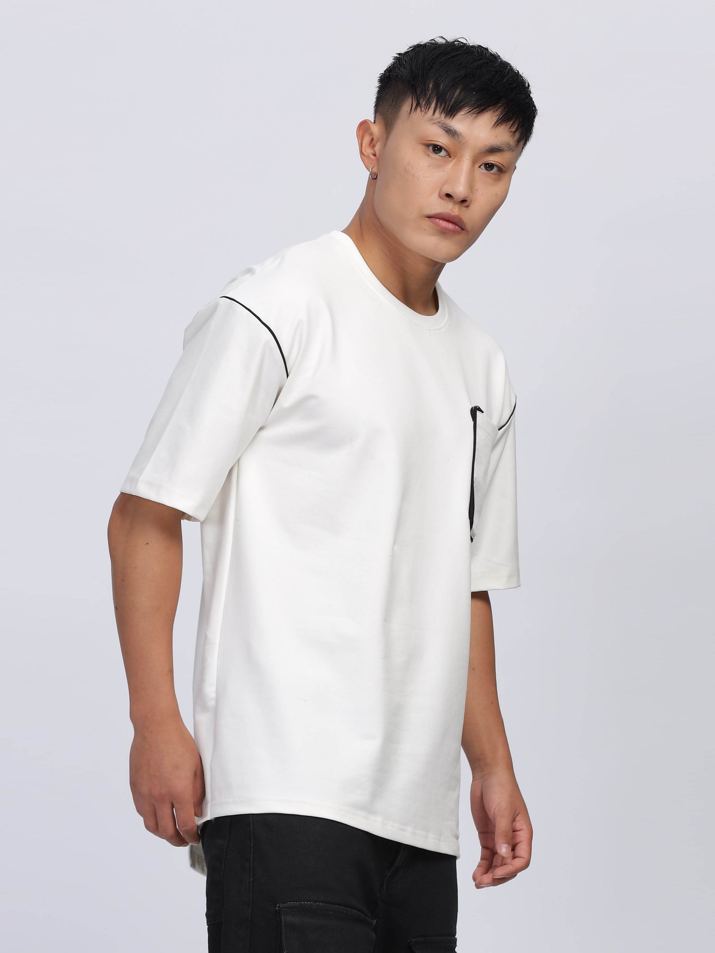 Contrast Stitch White Drop Shoulder T-Shirt