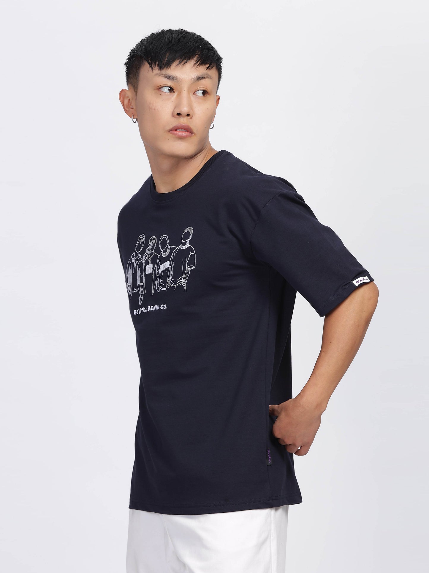Navy Embroidered Drop Shoulder T-Shirt