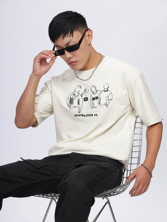 Off White Embroidered Drop Shoulder T-Shirt
