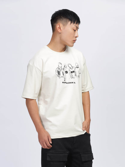 Off White Embroidered Drop Shoulder T-Shirt