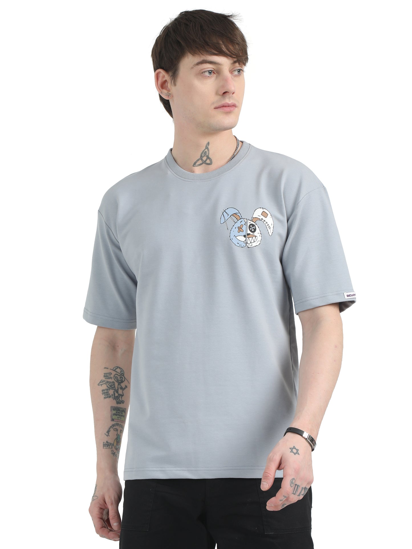 Evolving Rabbit Graphic Tee Blue Drop Shoulder Oversized T-Shirt