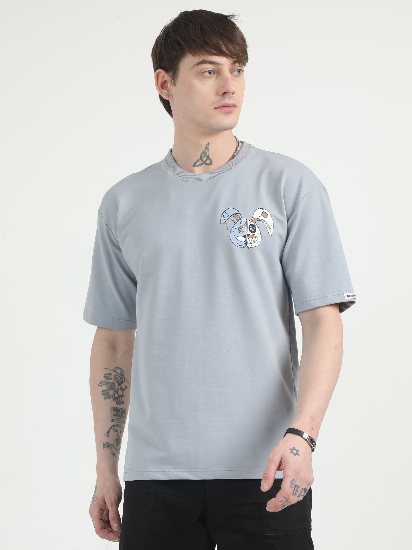 Evolving Rabbit Graphic Tee Blue Drop Shoulder Oversized T-Shirt