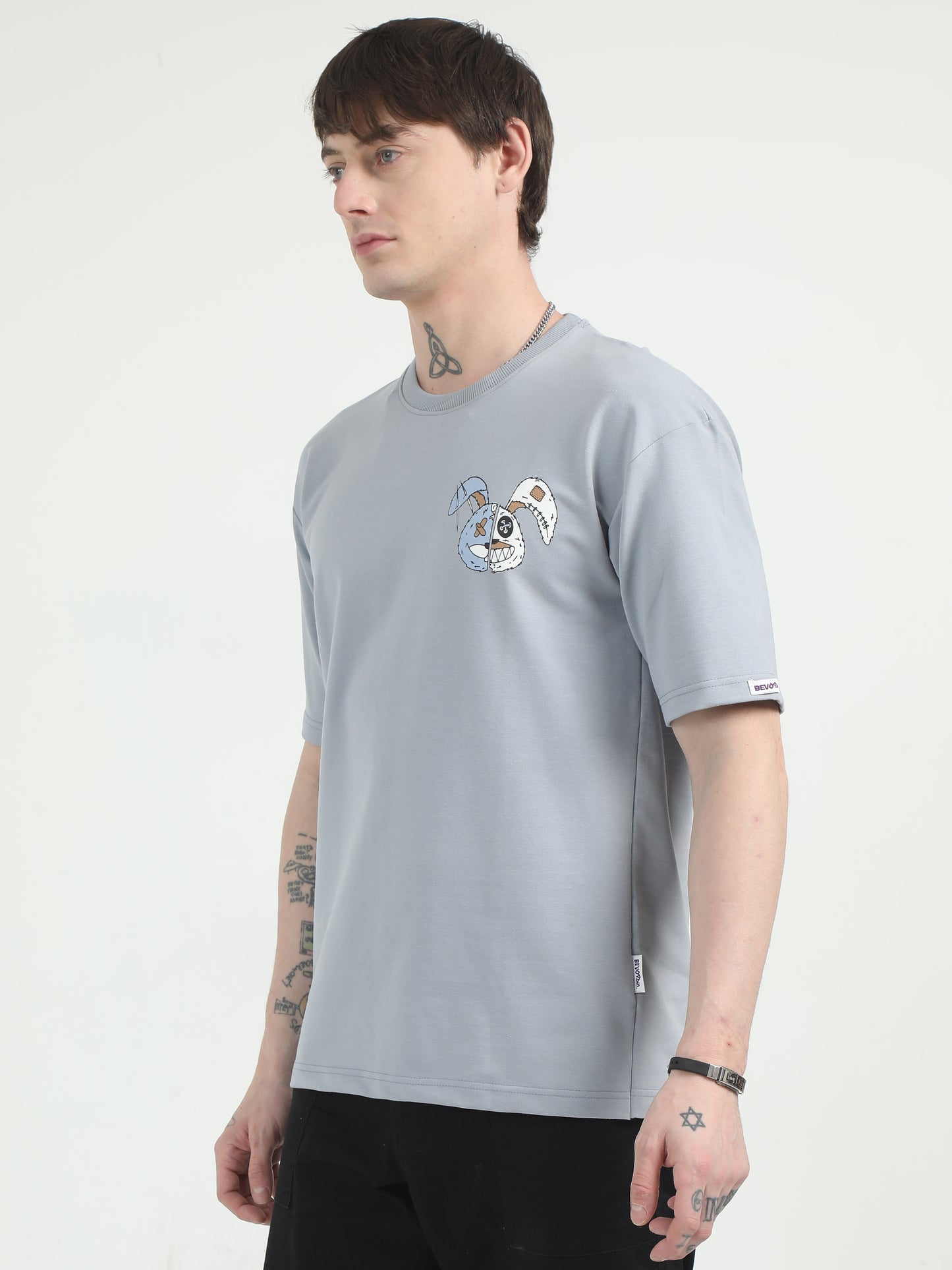 Evolving Rabbit Graphic Tee Blue Drop Shoulder Oversized T-Shirt