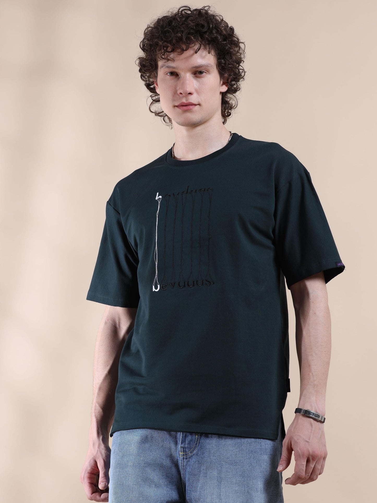 Green Embroided Men's Drop Shoulder T Shirt 