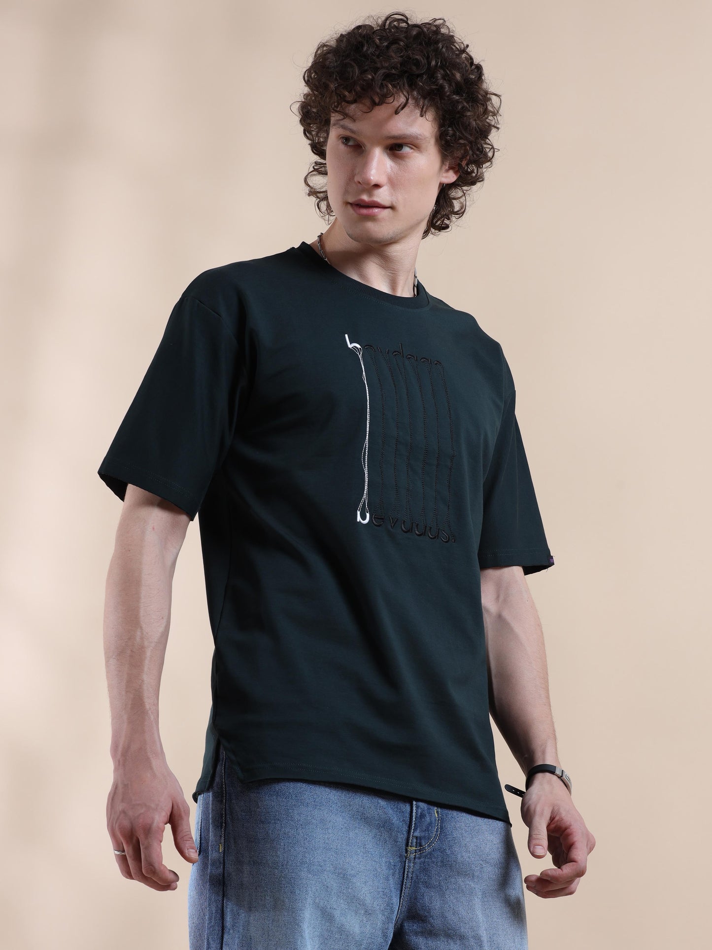 Green Embroided Men's Drop Shoulder T Shirt 