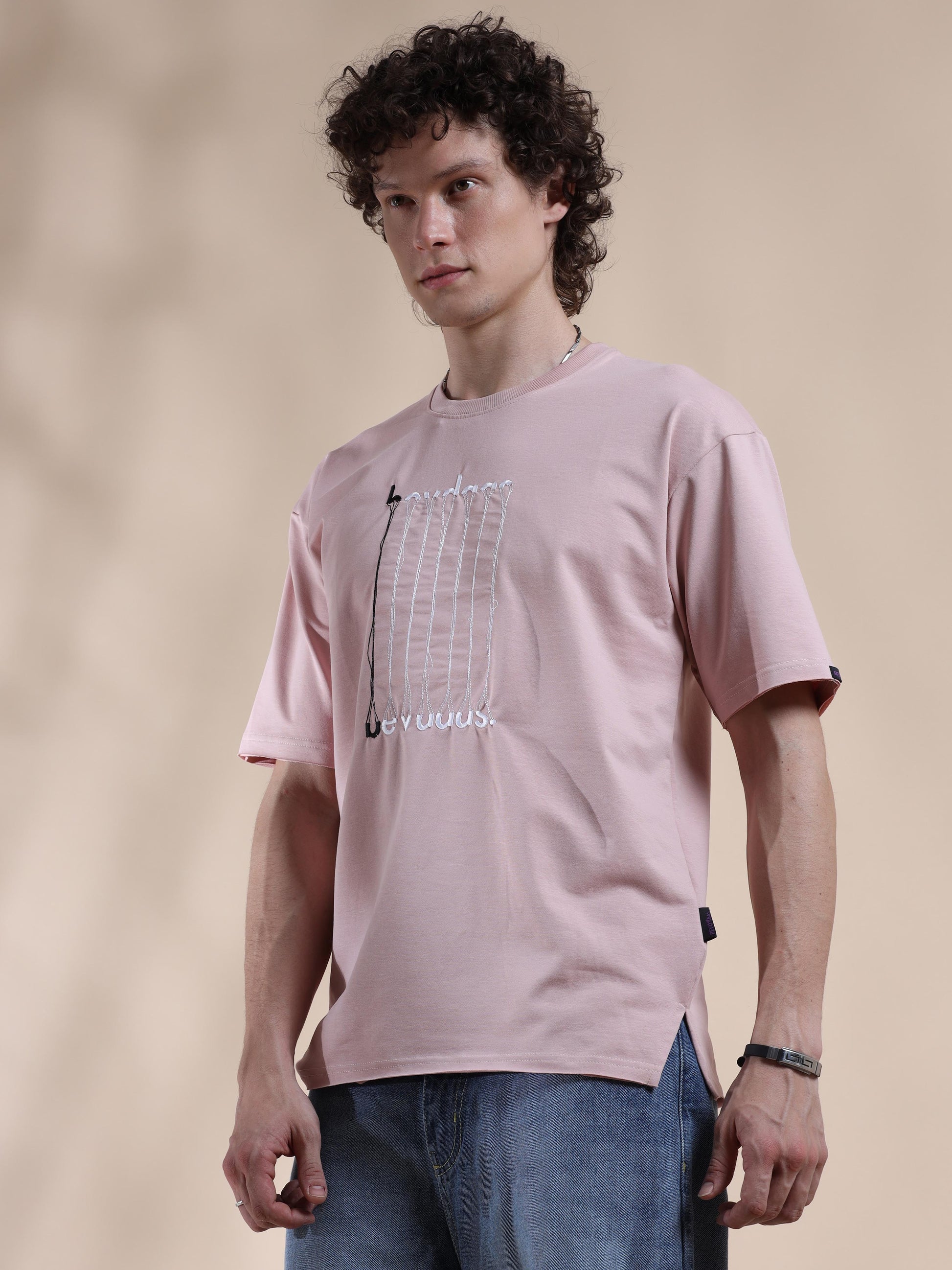 Rose Pink Embroided Down Shoulder T Shirt Mens 