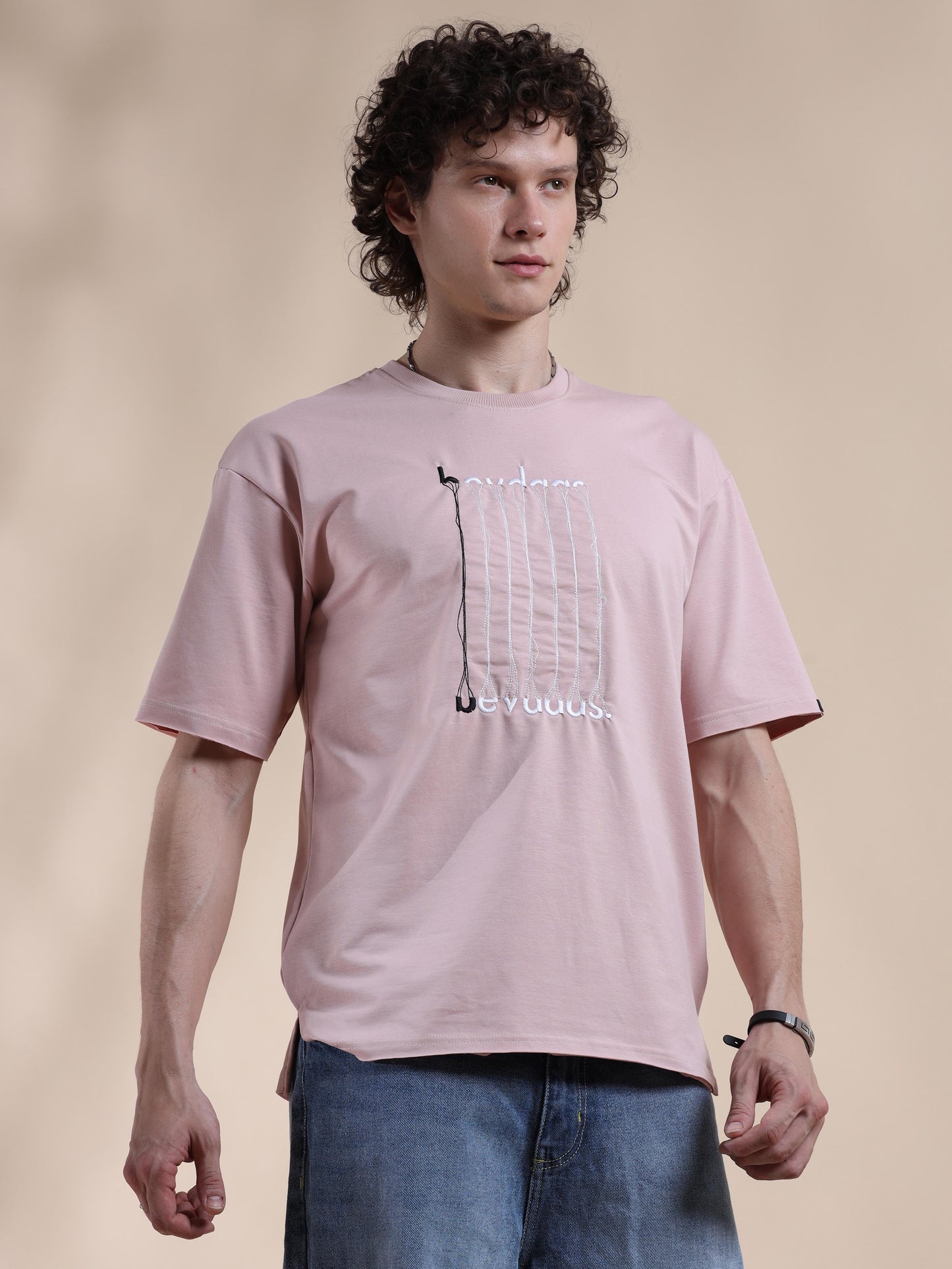 Rose Pink Embroided Down Shoulder T Shirt Mens 