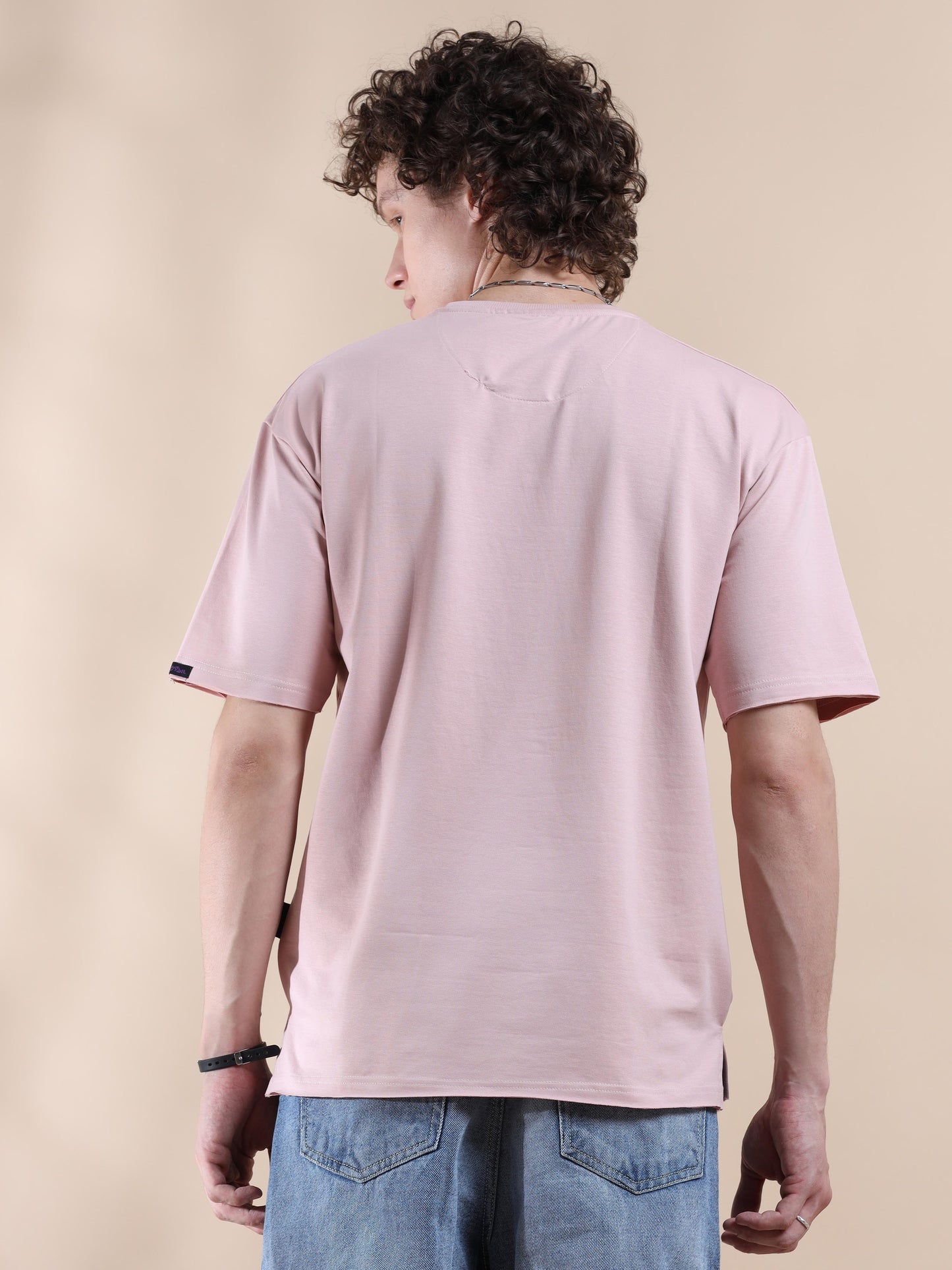 Rose Pink Embroided Down Shoulder T Shirt Mens 