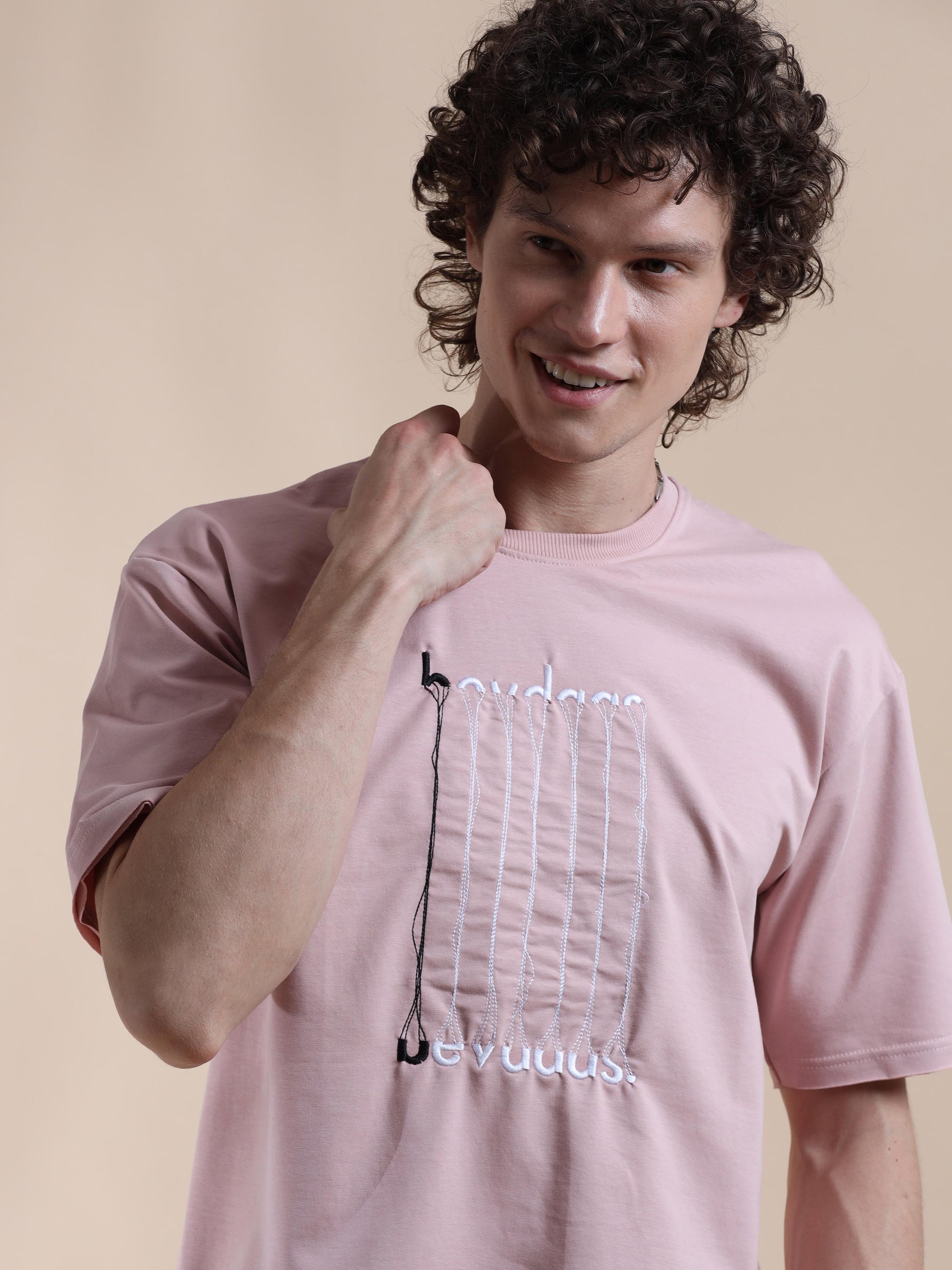 Rose Pink Embroided Down Shoulder T Shirt Mens 