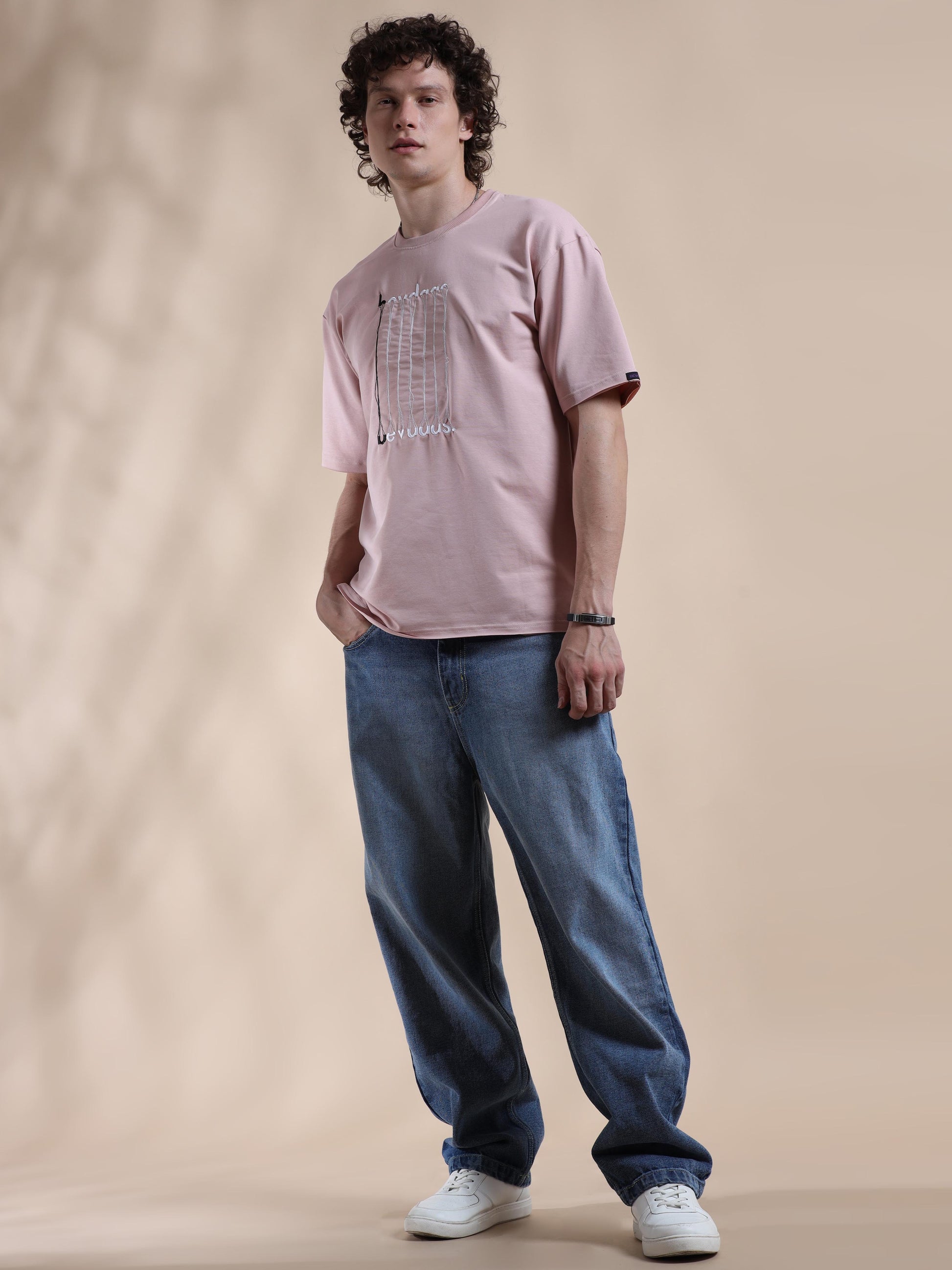 Rose Pink Embroided Down Shoulder T Shirt Mens 