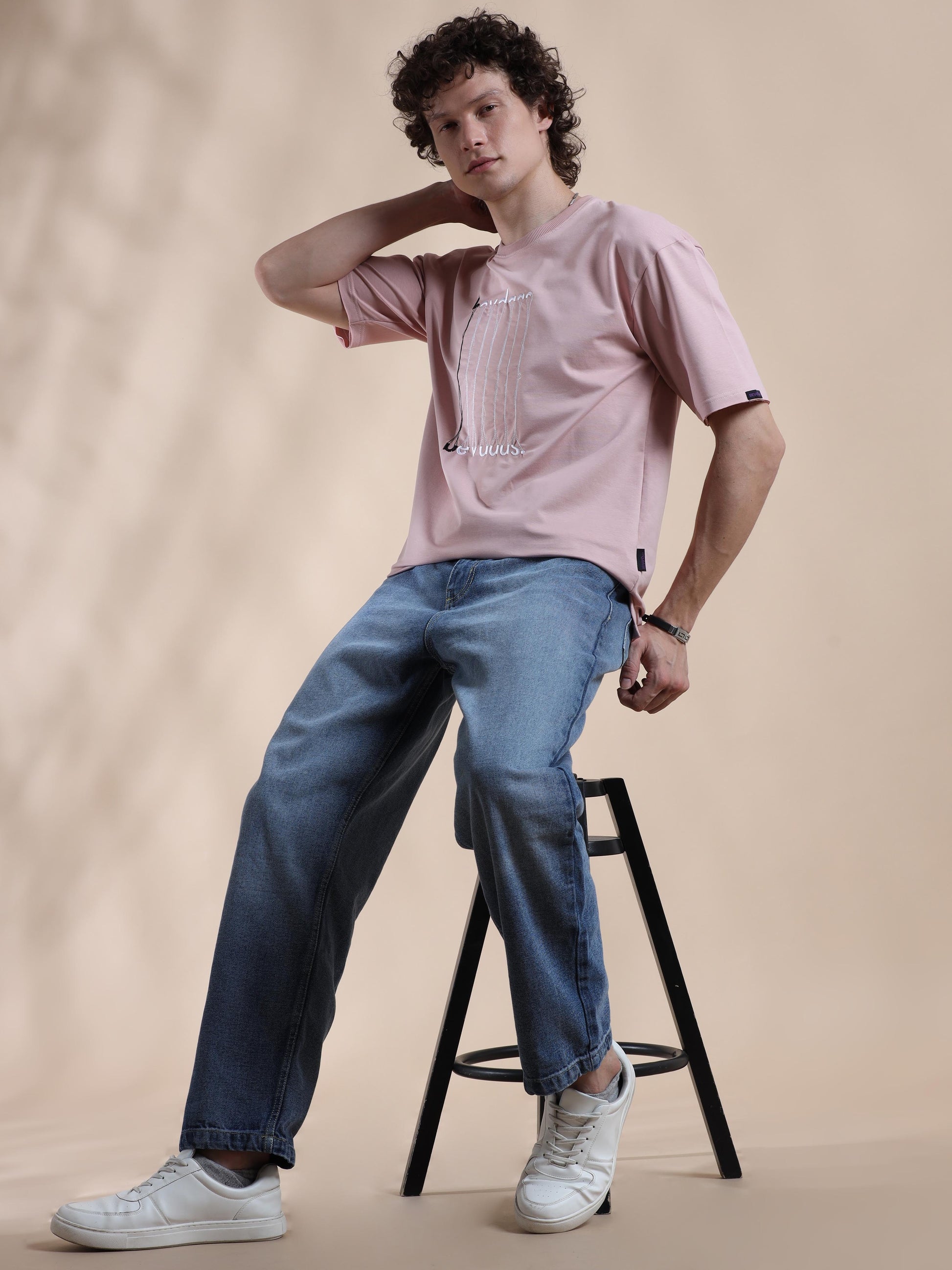 Rose Pink Embroided Down Shoulder T Shirt Mens 