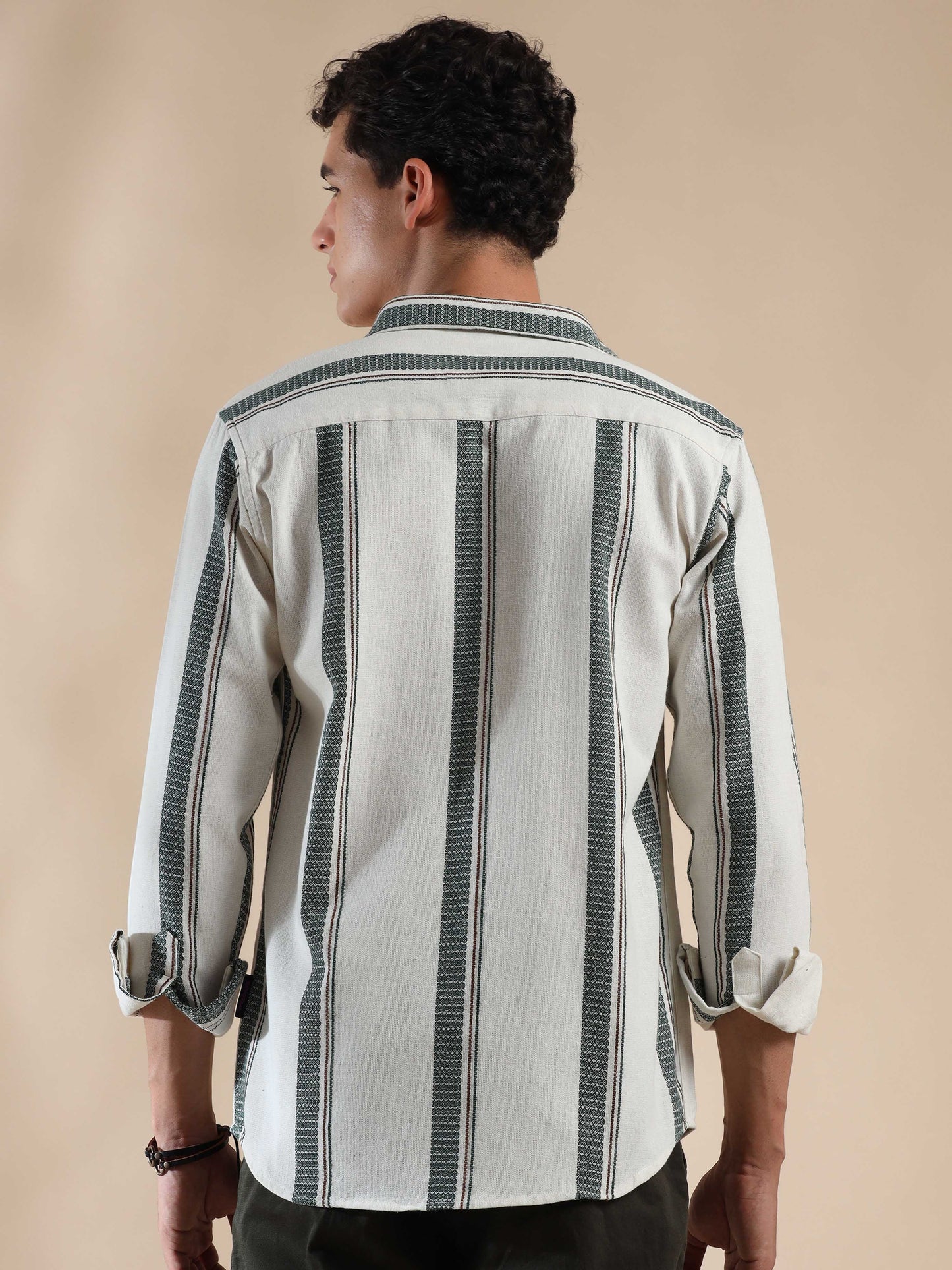 deep moss full sleeve green and white striped shirt