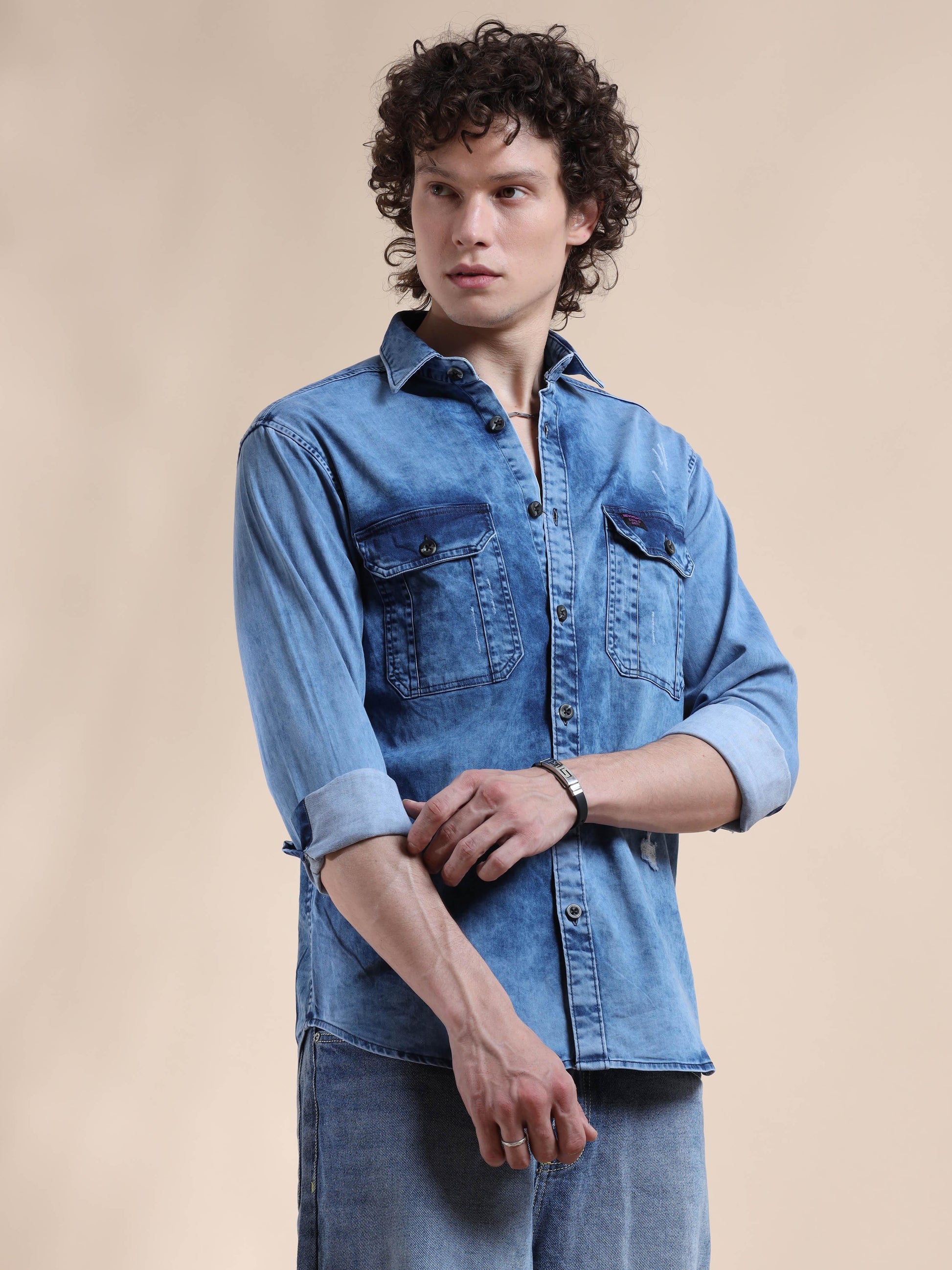 Tealish Blue Denim shirt - Main Image