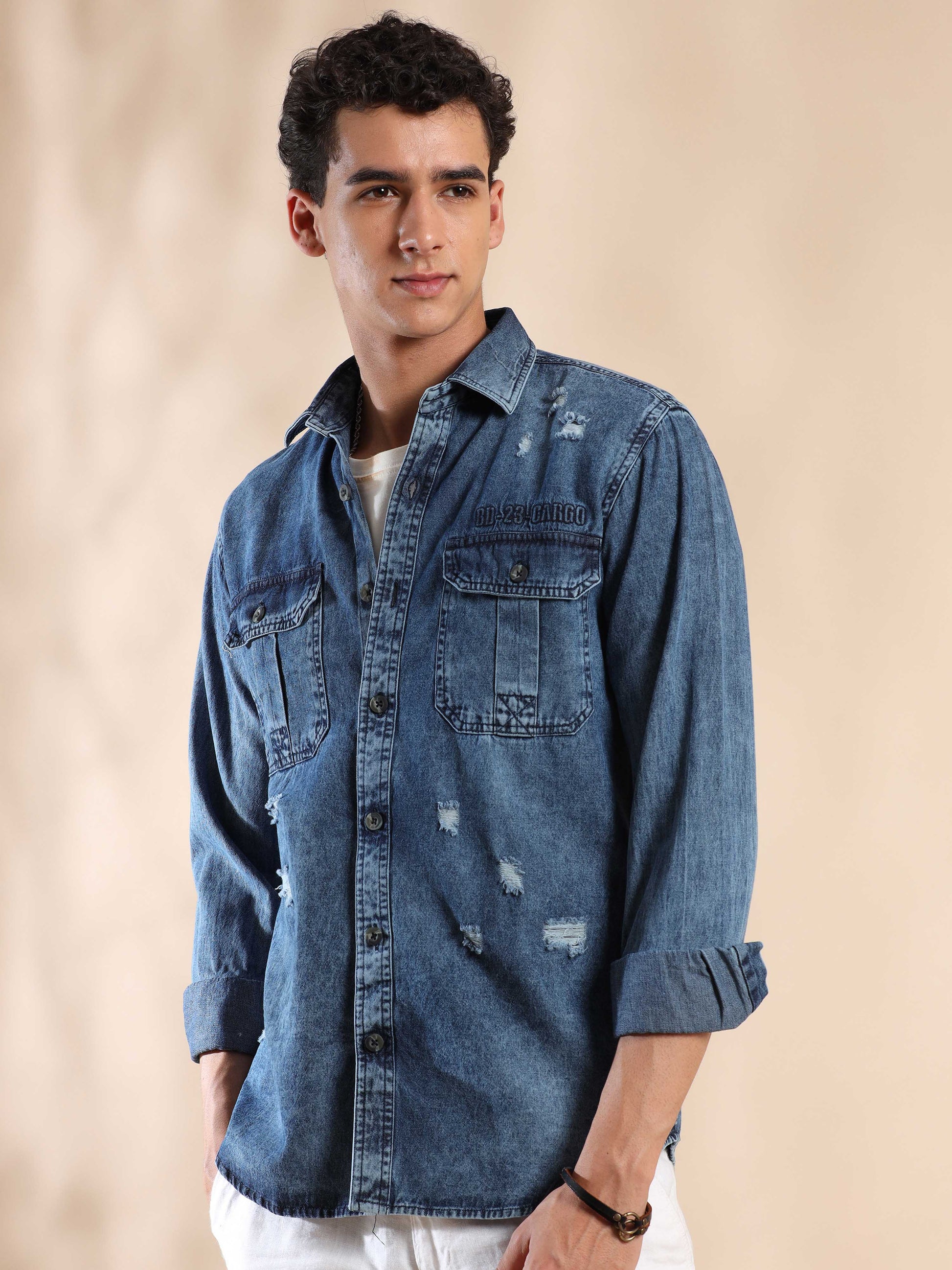 full sleeve light blue denim shirt men