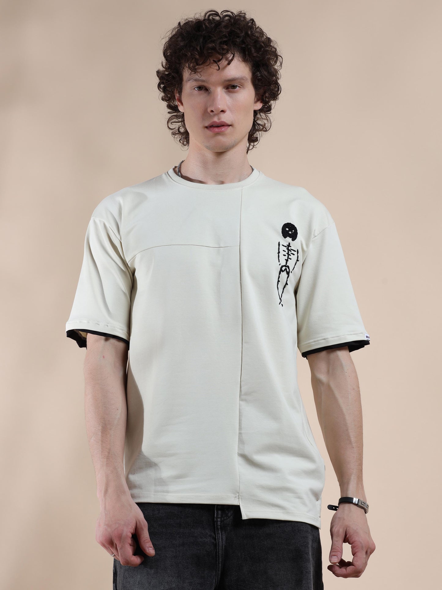 Cream Hem Drop Shoulder T Shirt for Men