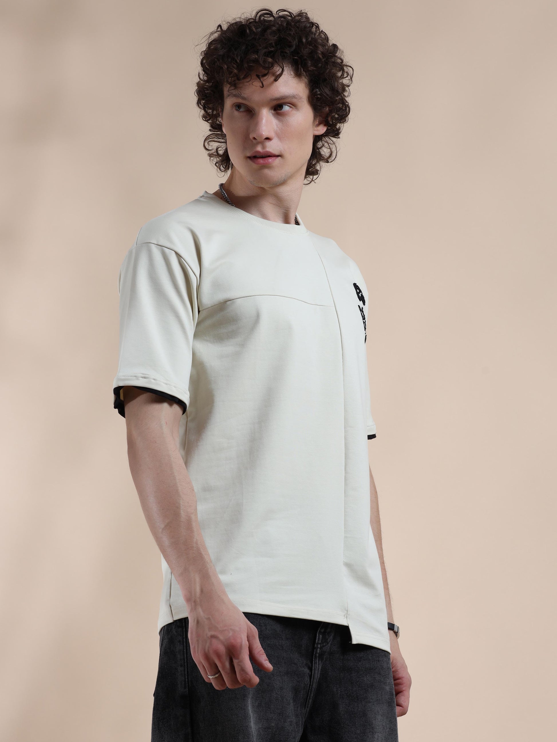 Cream Hem Drop Shoulder T Shirt for Men