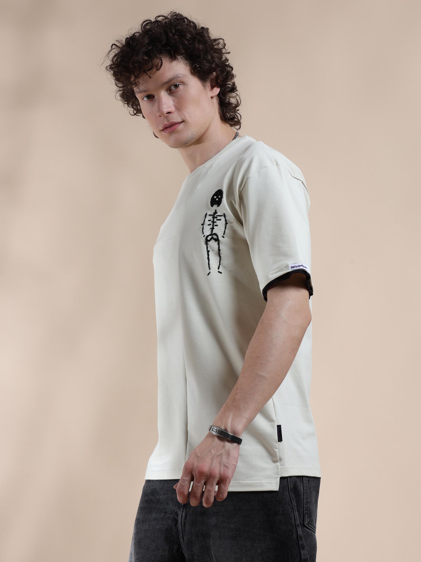 Cream Hem Drop Shoulder T Shirt for Men