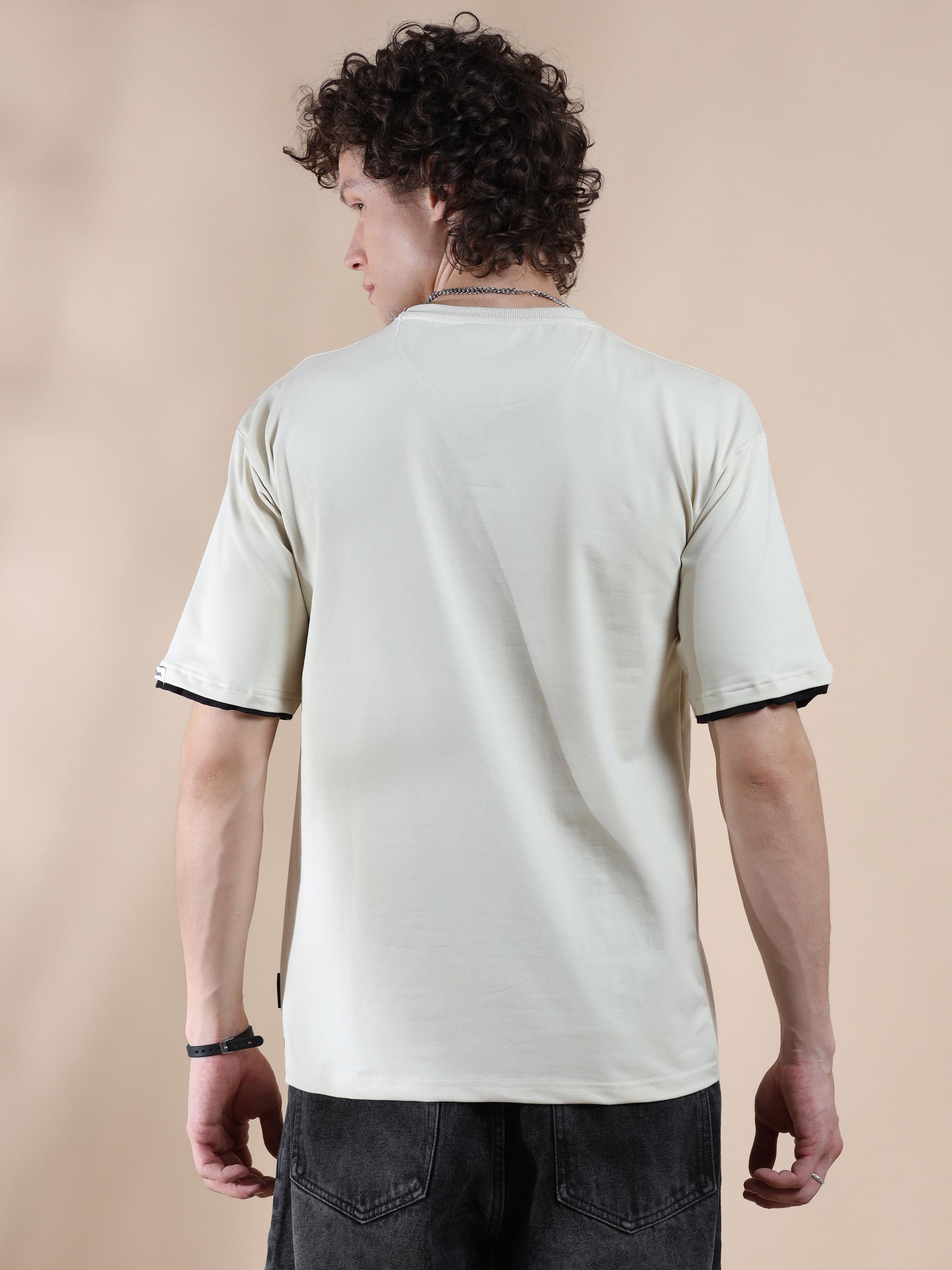 Cream Hem Drop Shoulder T Shirt for Men