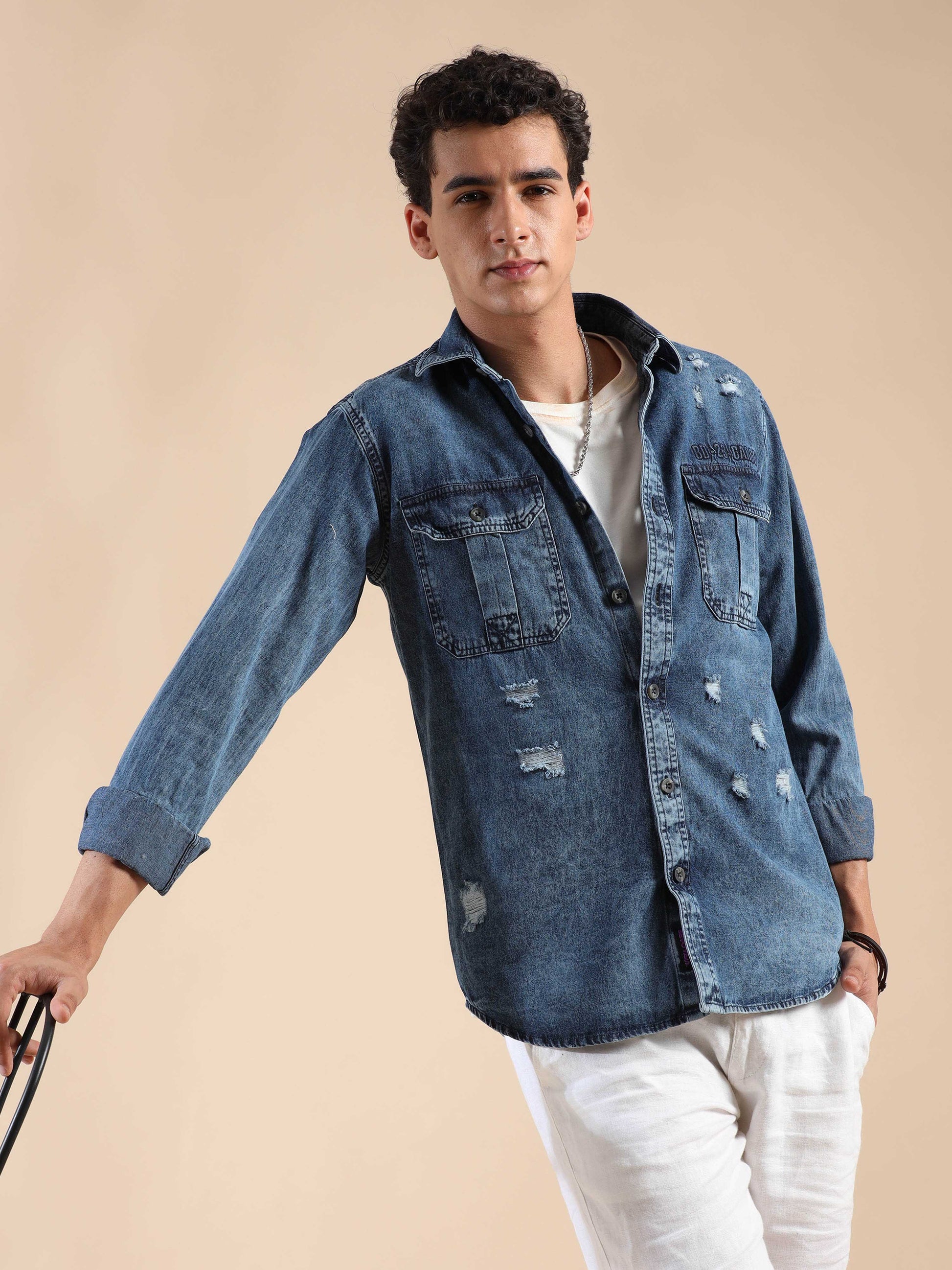 full sleeve light blue denim shirt men