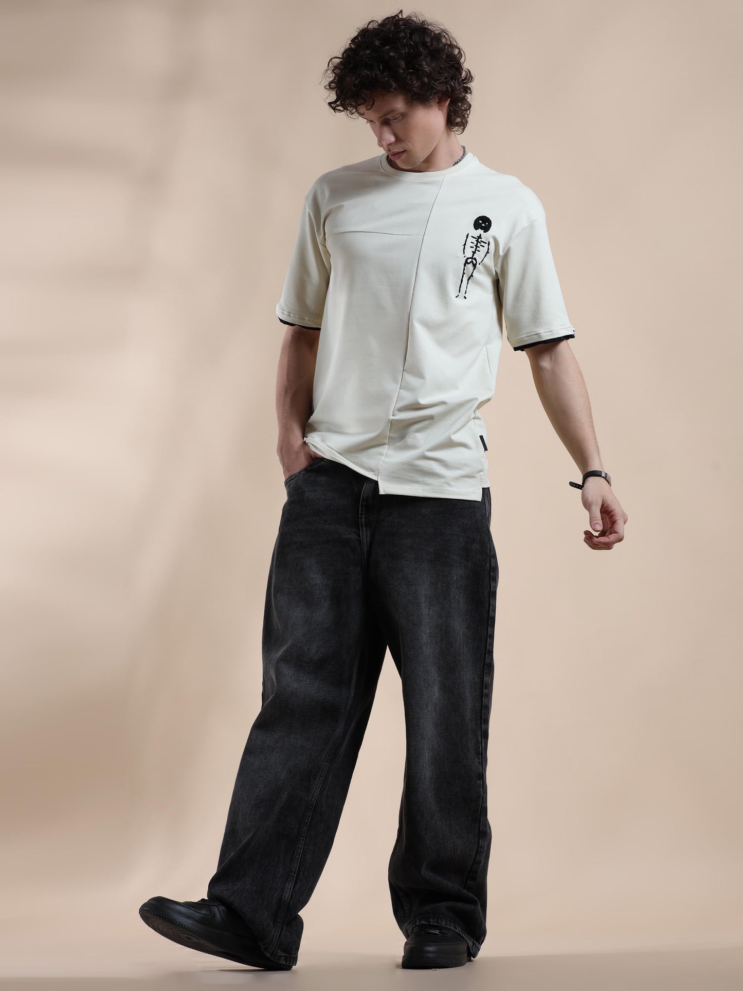 Cream Hem Drop Shoulder T Shirt for Men