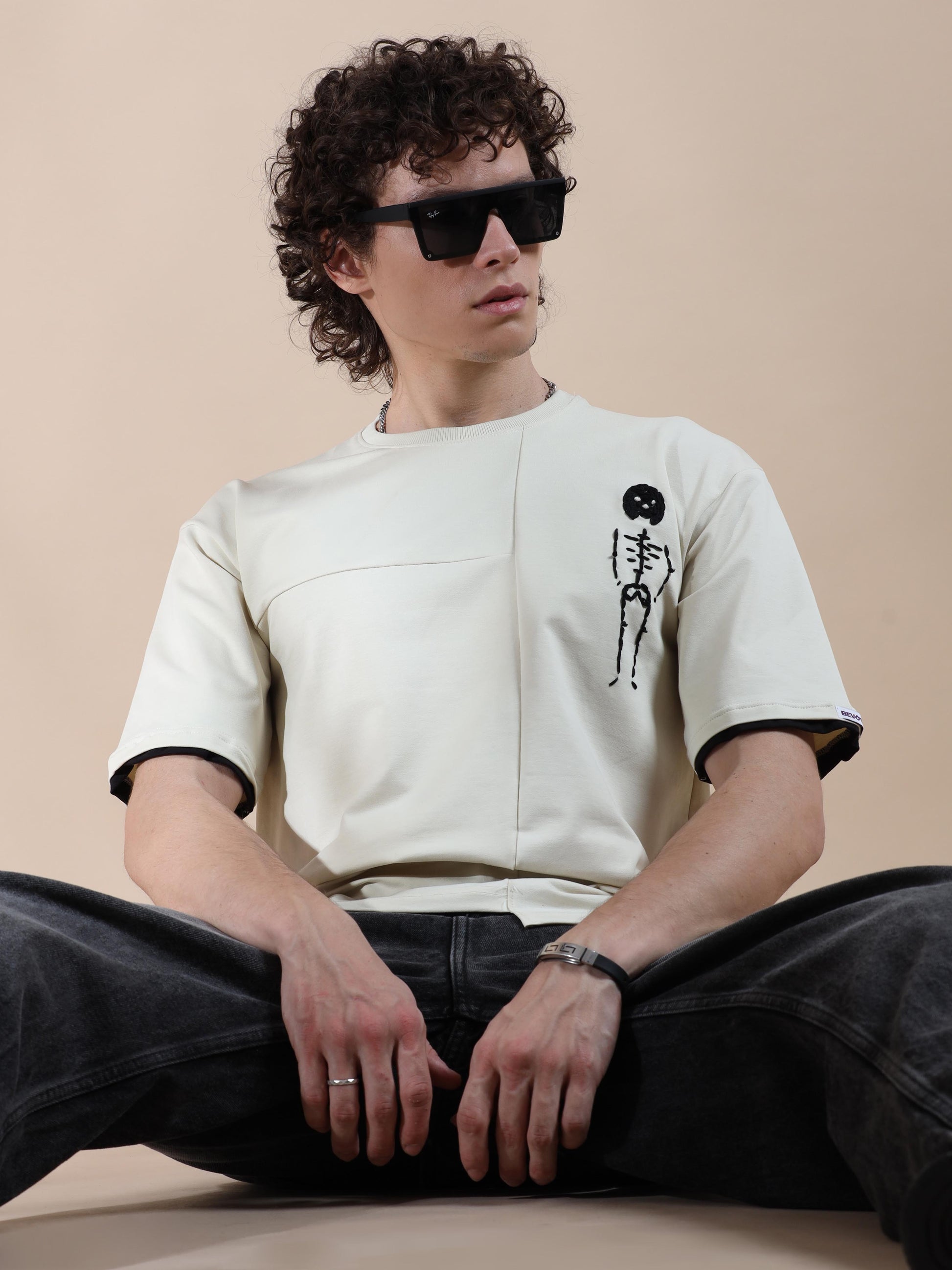 Cream Hem Drop Shoulder T Shirt for Men