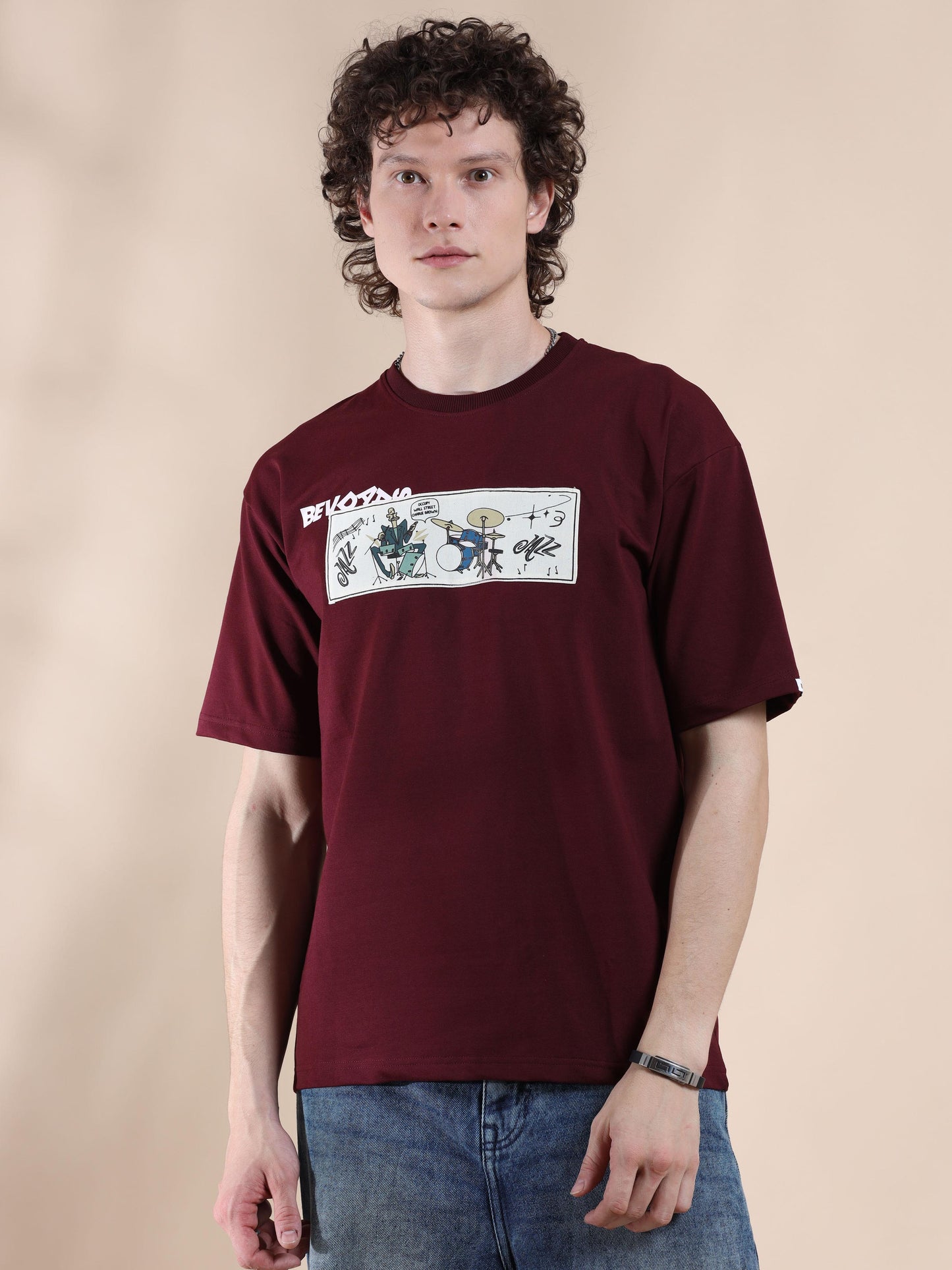 Maroon Oversized Off The Shoulder T Shirt for Men